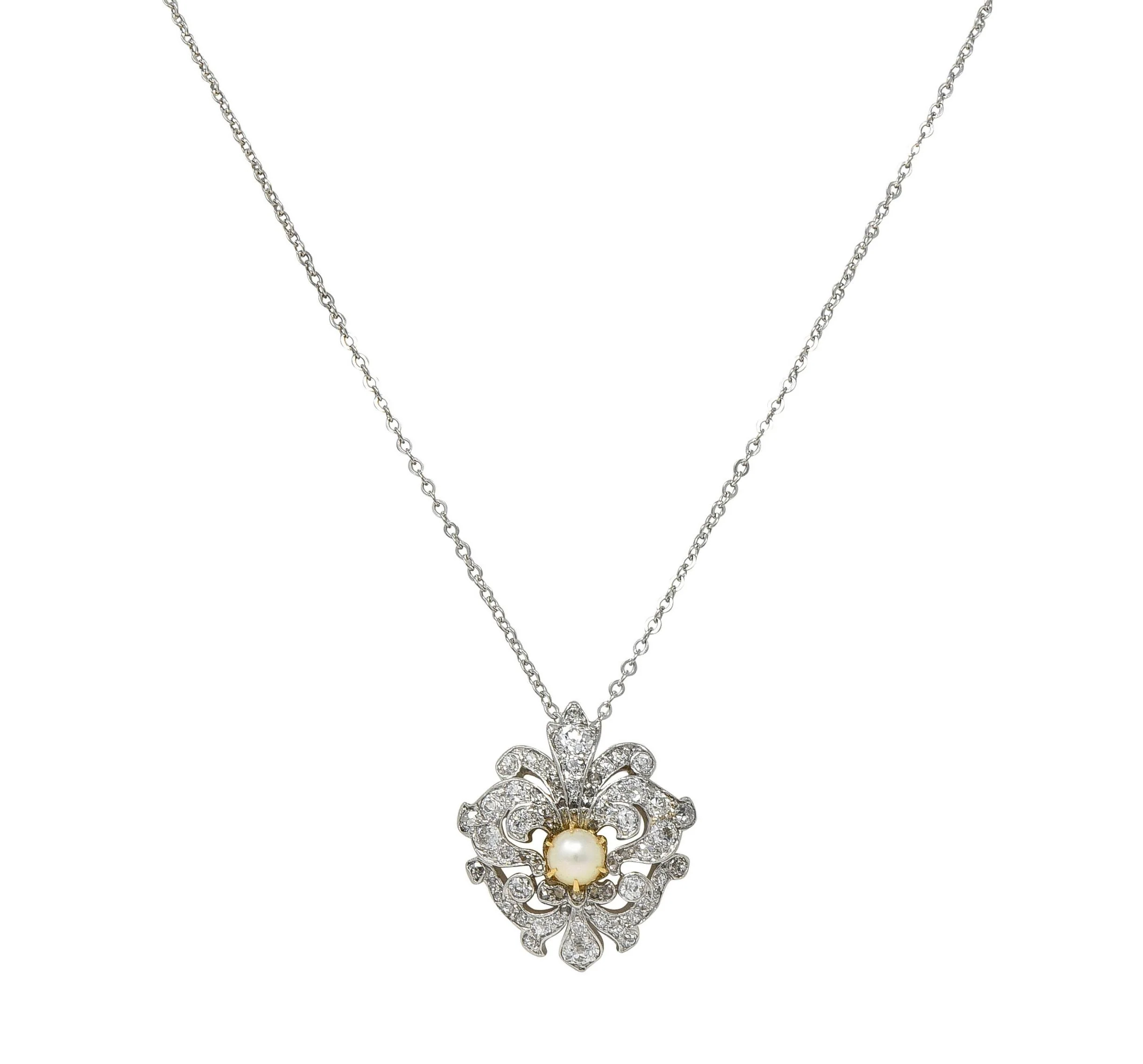 Edwardian Diamond Pearl Platinum 18 Karat Gold Scrolling Fleur-De-Lis Antique Pendant Necklace - Image 8