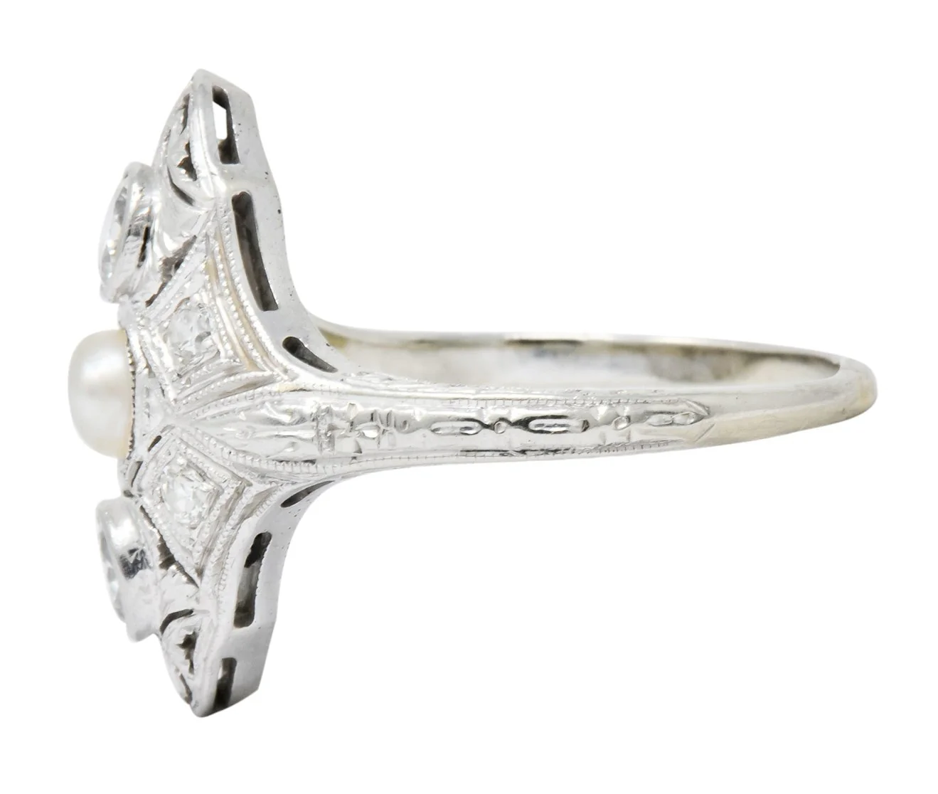 Edwardian Diamond Pearl Platinum 18 Karat White Gold Dinner Ring - Image 4