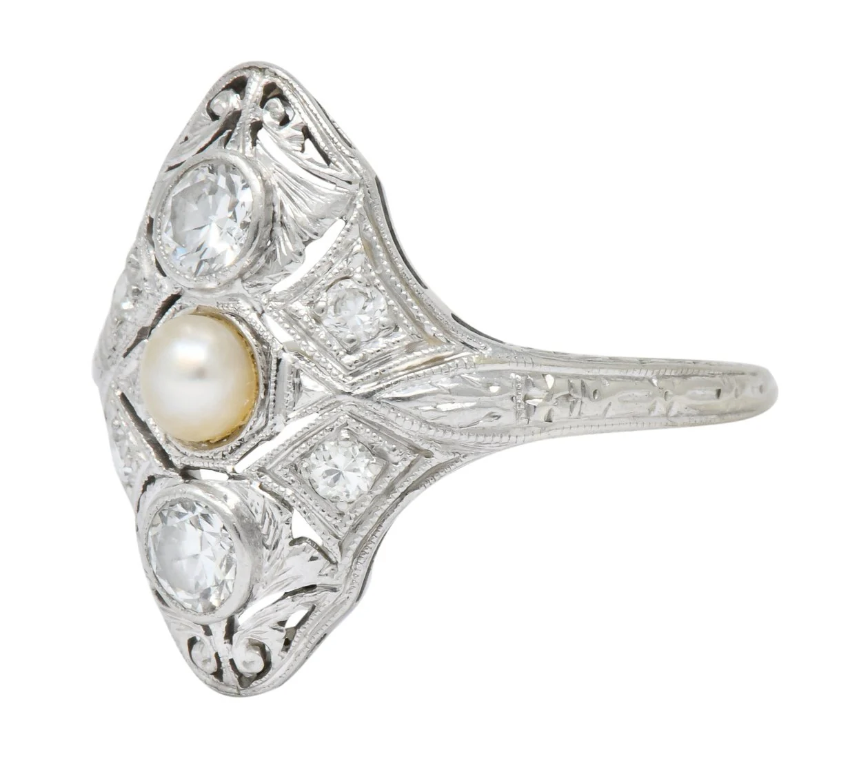Edwardian Diamond Pearl Platinum 18 Karat White Gold Dinner Ring - Image 5