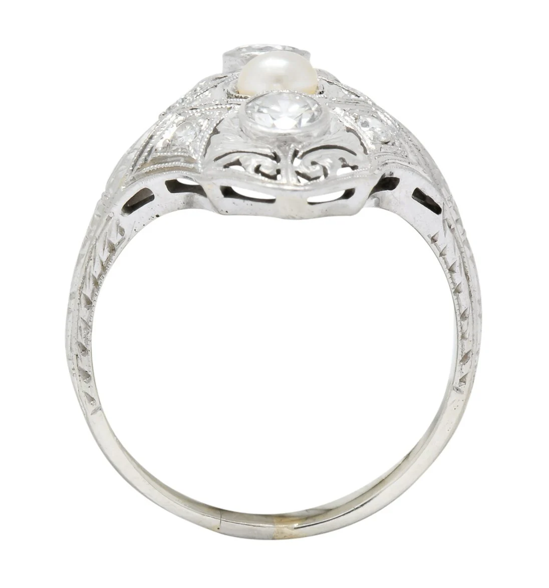 Edwardian Diamond Pearl Platinum 18 Karat White Gold Dinner Ring - Image 6