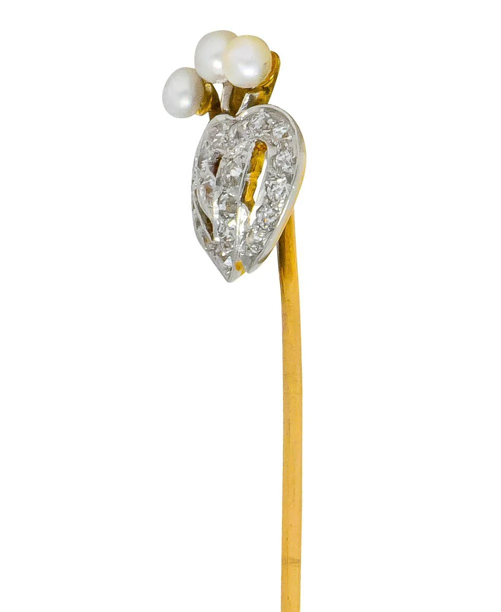 Edwardian Diamond Pearl Platinum-Topped 14 Karat Gold Double Heart Stickpin - Image 2
