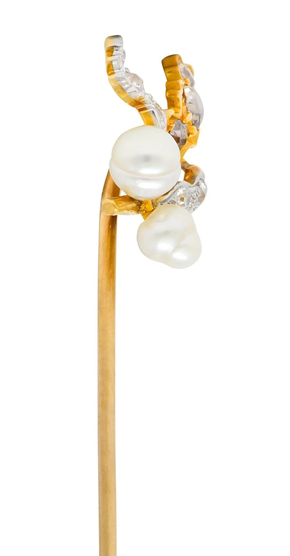 Edwardian Diamond Pearl Platinum-Topped 18 Karat Gold Foliate Antique Stickpin - Image 3