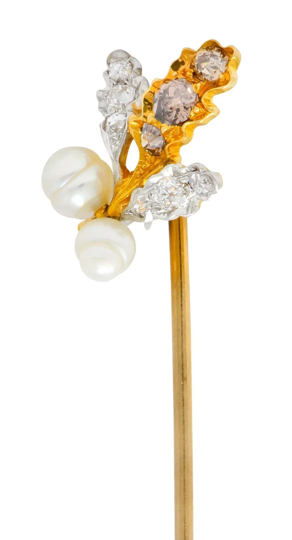 Edwardian Diamond Pearl Platinum-Topped 18 Karat Gold Foliate Antique Stickpin - Image 4