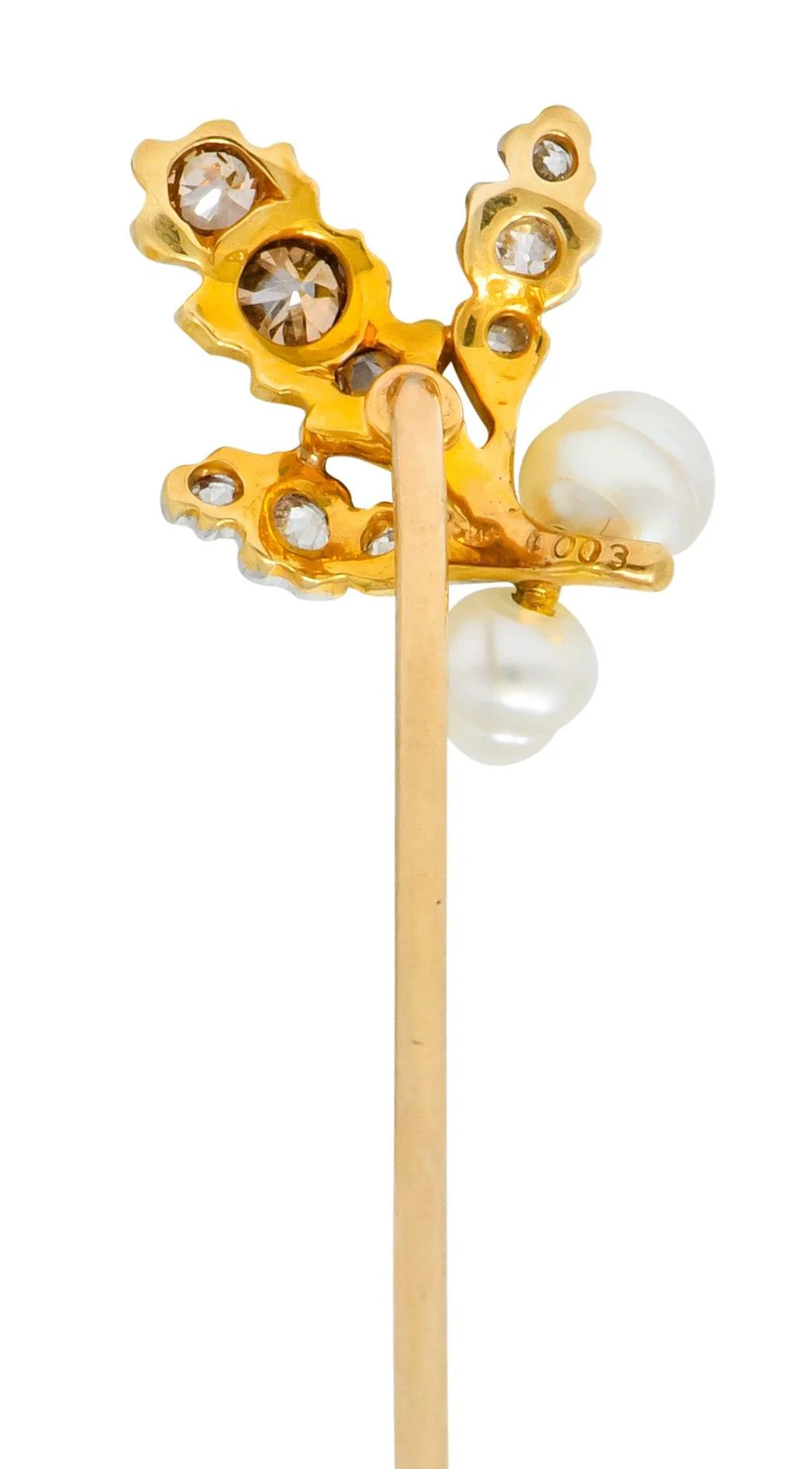 Edwardian Diamond Pearl Platinum-Topped 18 Karat Gold Foliate Antique Stickpin - Image 5