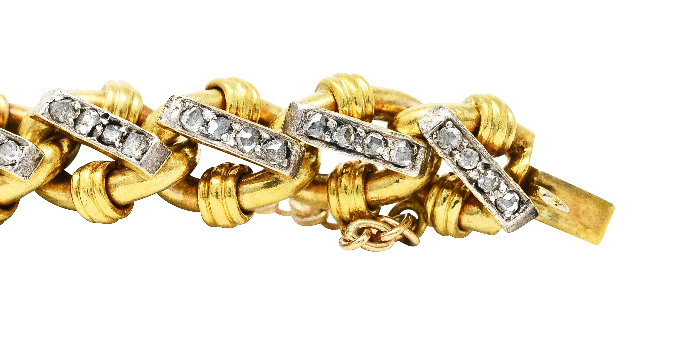Edwardian Diamond Platinum 18 Karat Yellow Gold Antique Curb Link Bracelet - Image 4