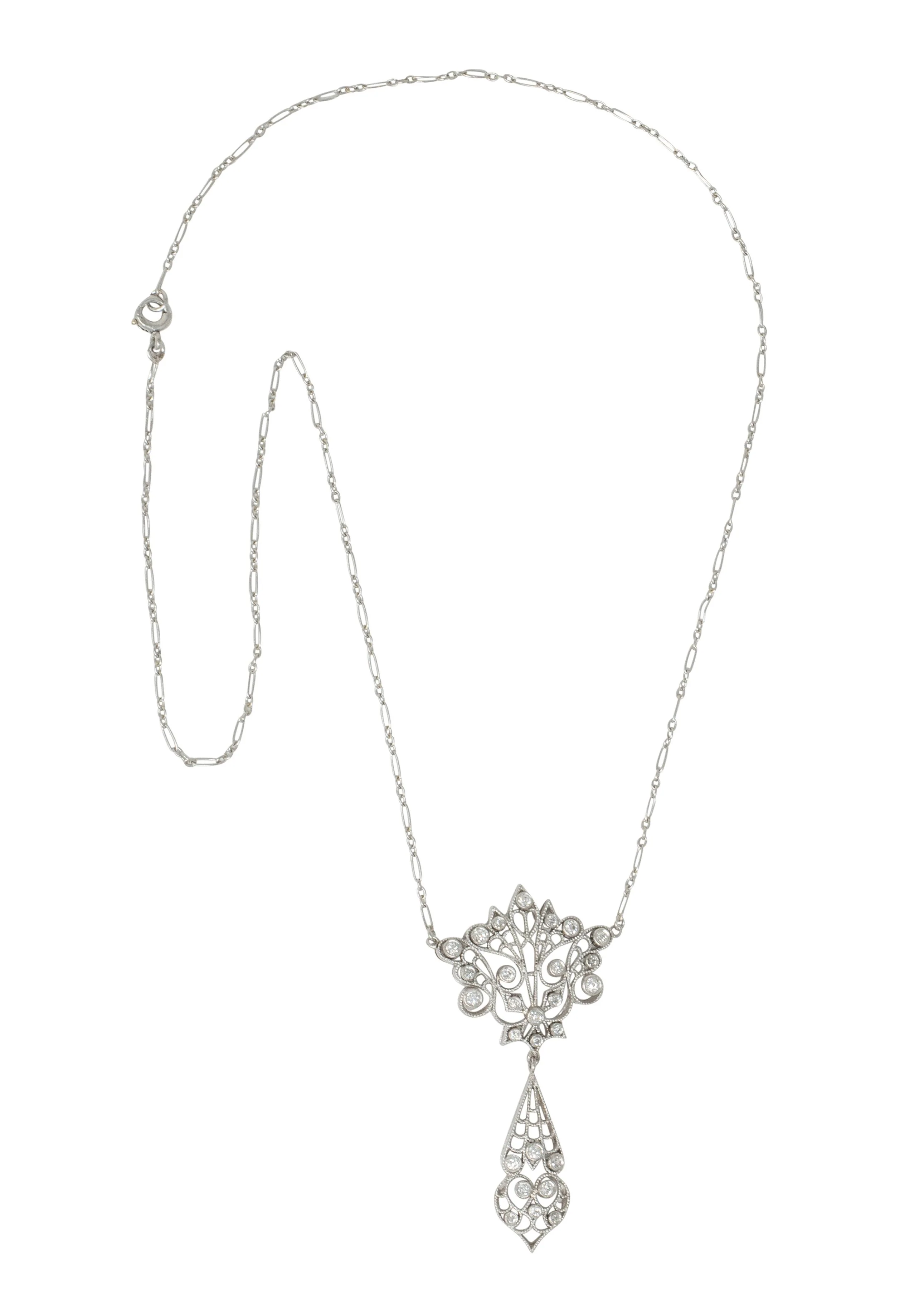 Edwardian Diamond Platinum Antique Peacock Filigree Lavalier Necklace - Image 3