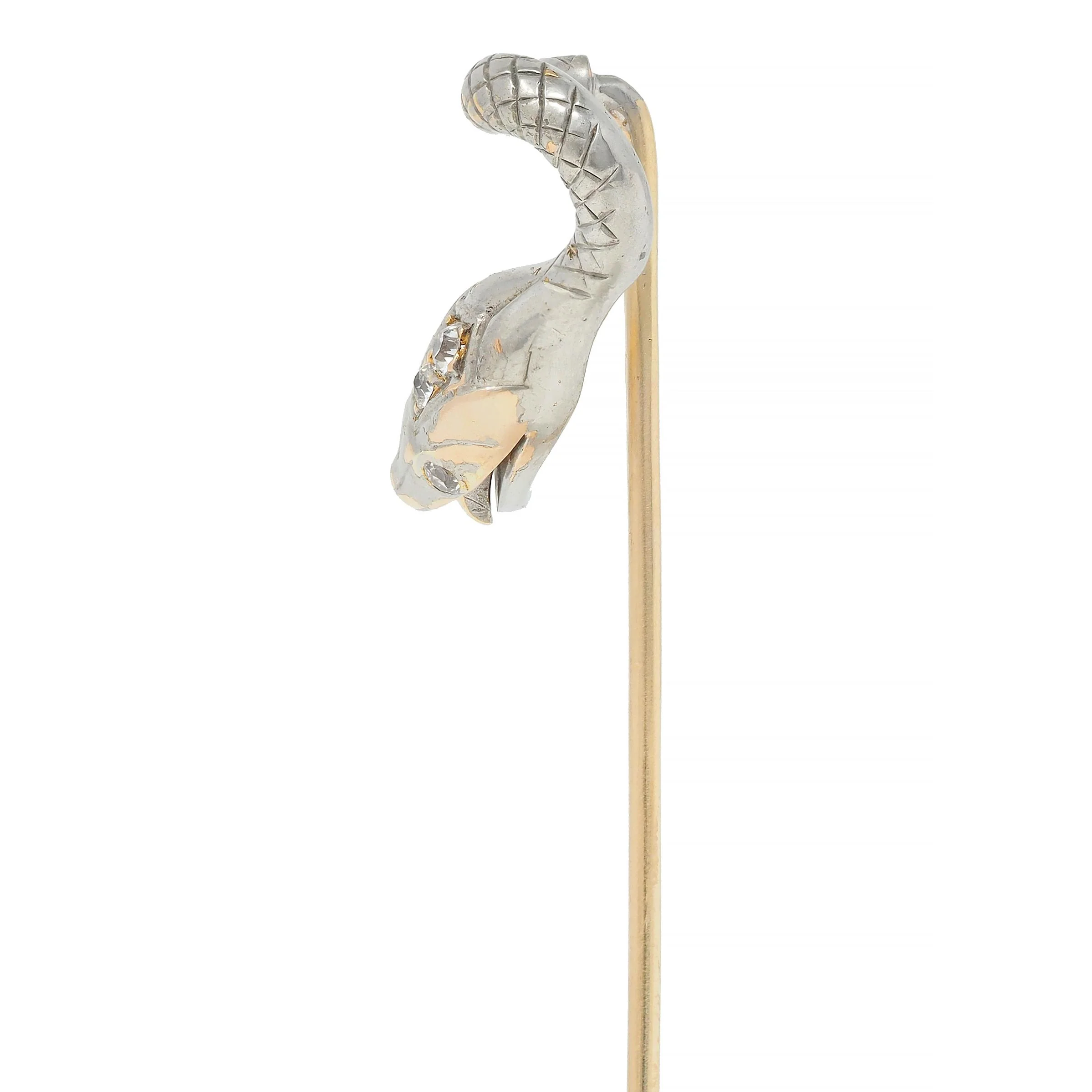 Edwardian Diamond Platinum-Topped 14 Karat Gold Antique Snake Stickpin - Image 5