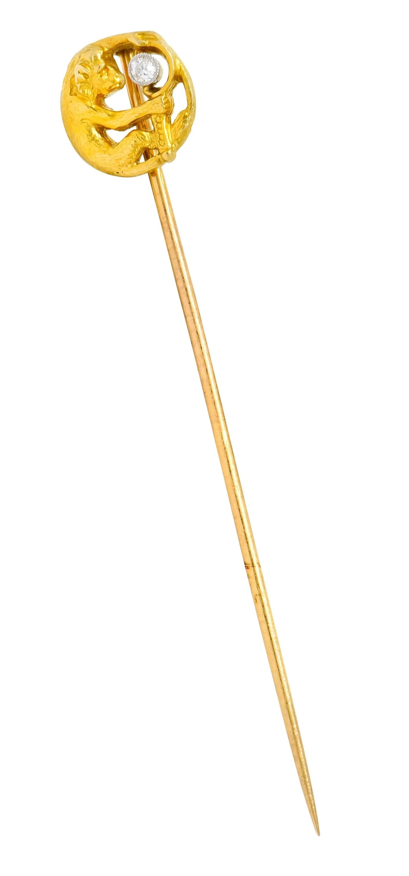 Edwardian Diamond Platinum-Topped 18 Karat Gold Monkey Stickpin - Image 2