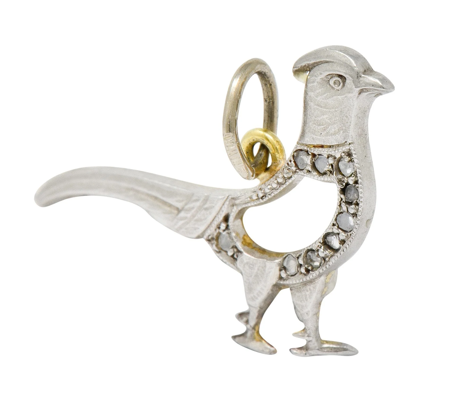 Edwardian Diamond Platinum-Topped 18 Karat Gold Pheasant Bird Charm - Image 3