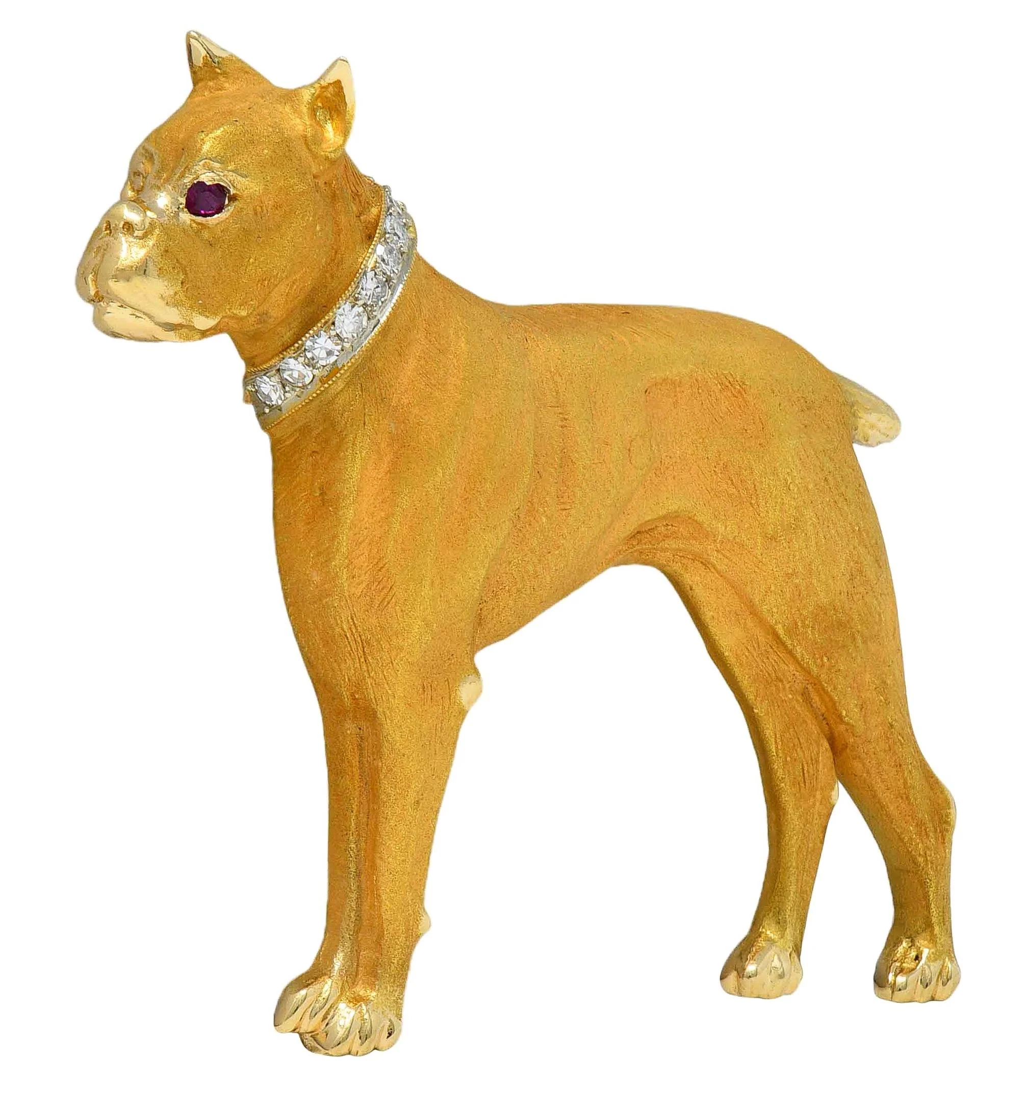 Edwardian Diamond Ruby 14 Karat Yellow Gold Antique Boxer Dog Brooch