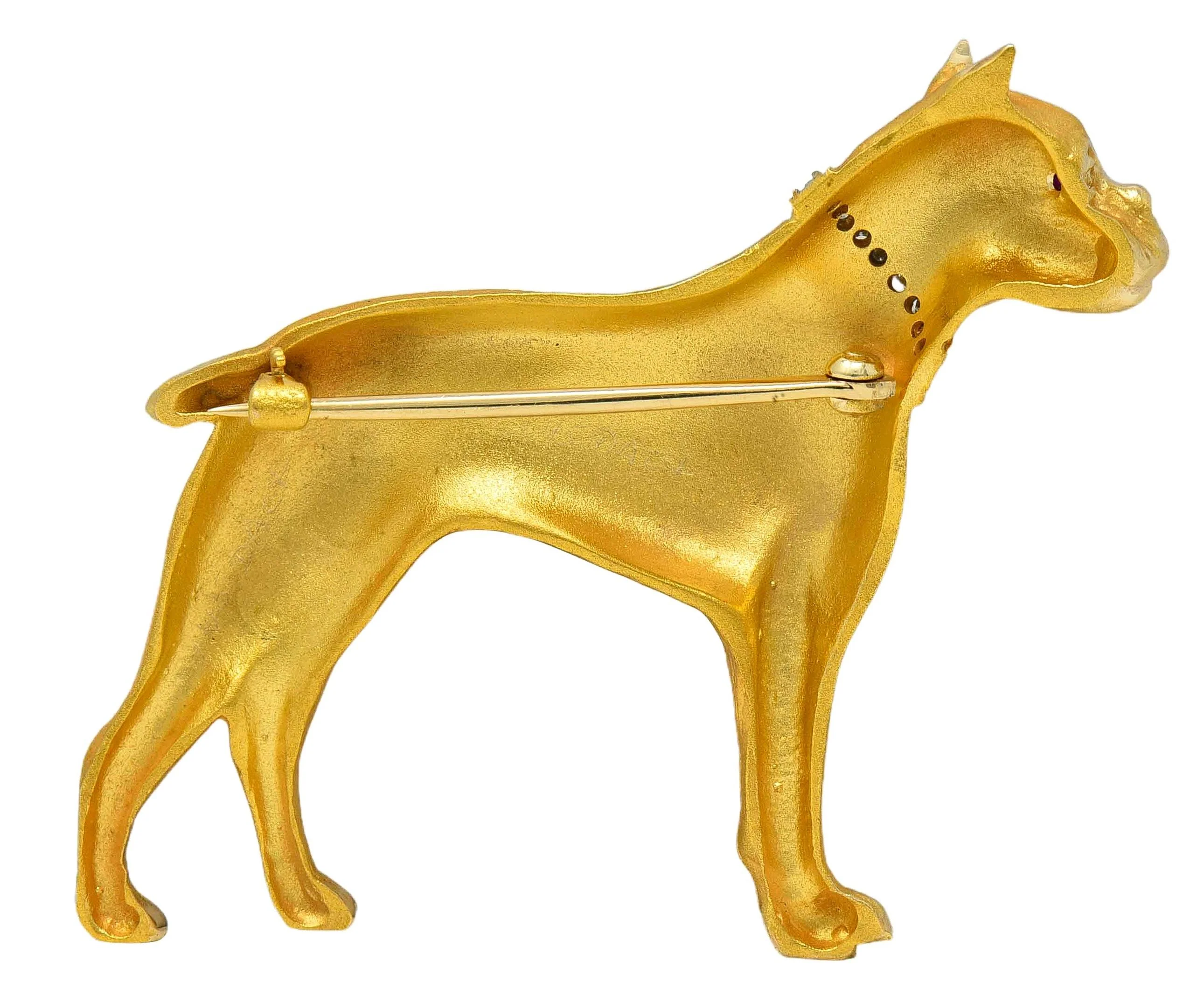 Edwardian Diamond Ruby 14 Karat Yellow Gold Antique Boxer Dog Brooch - Image 4
