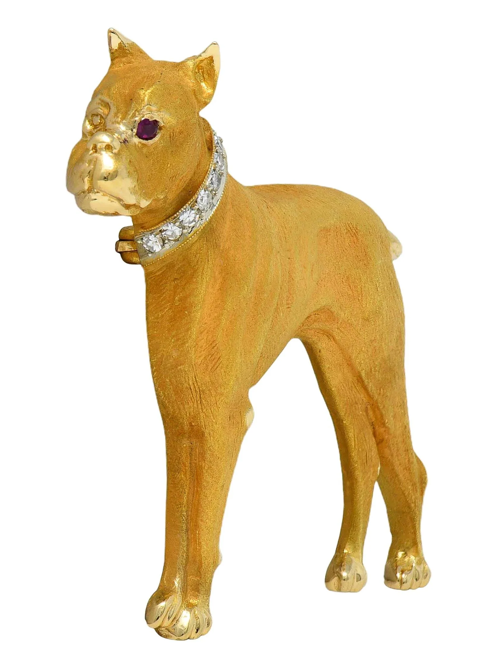 Edwardian Diamond Ruby 14 Karat Yellow Gold Antique Boxer Dog Brooch - Image 5