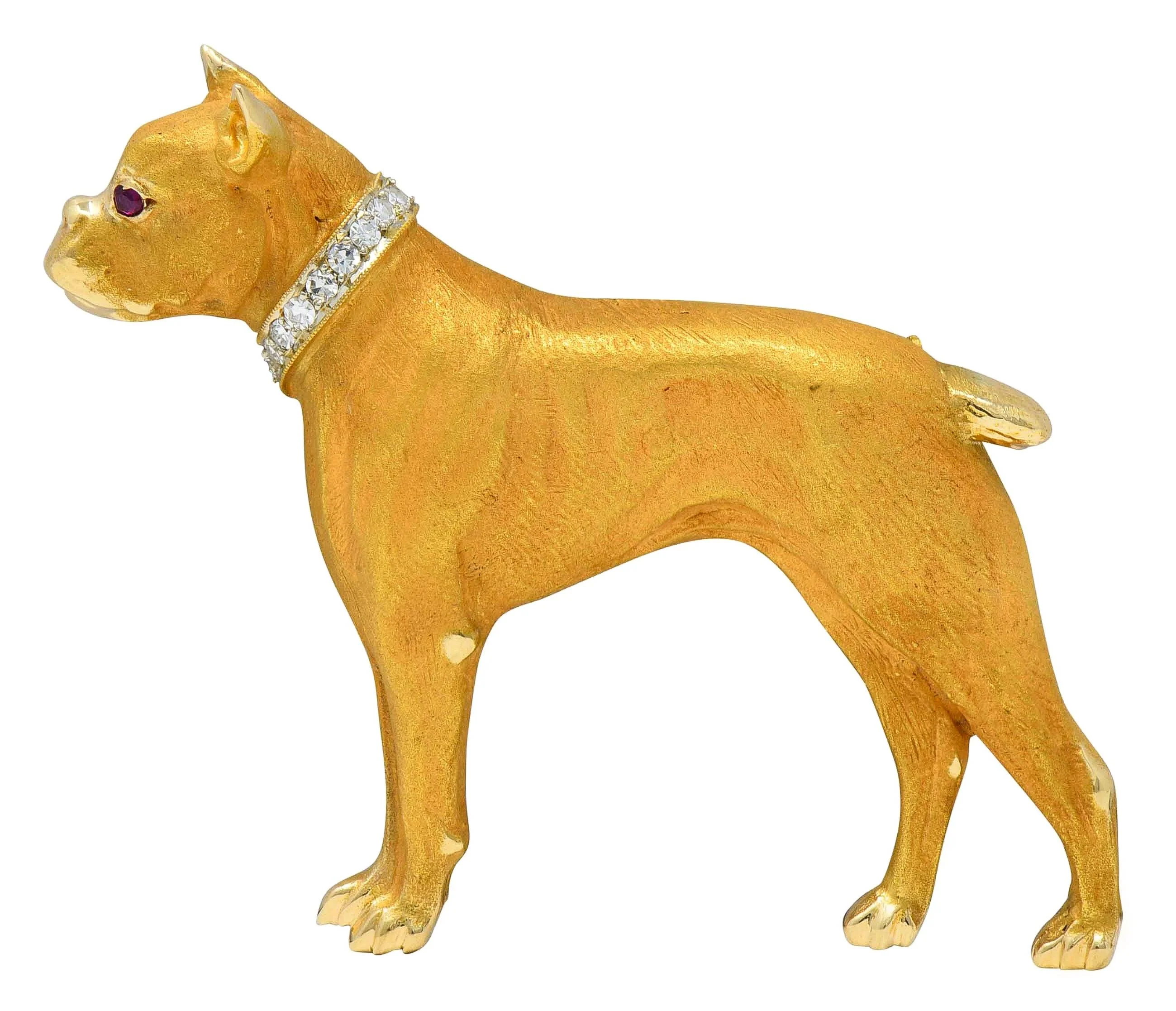 Edwardian Diamond Ruby 14 Karat Yellow Gold Antique Boxer Dog Brooch - Image 7