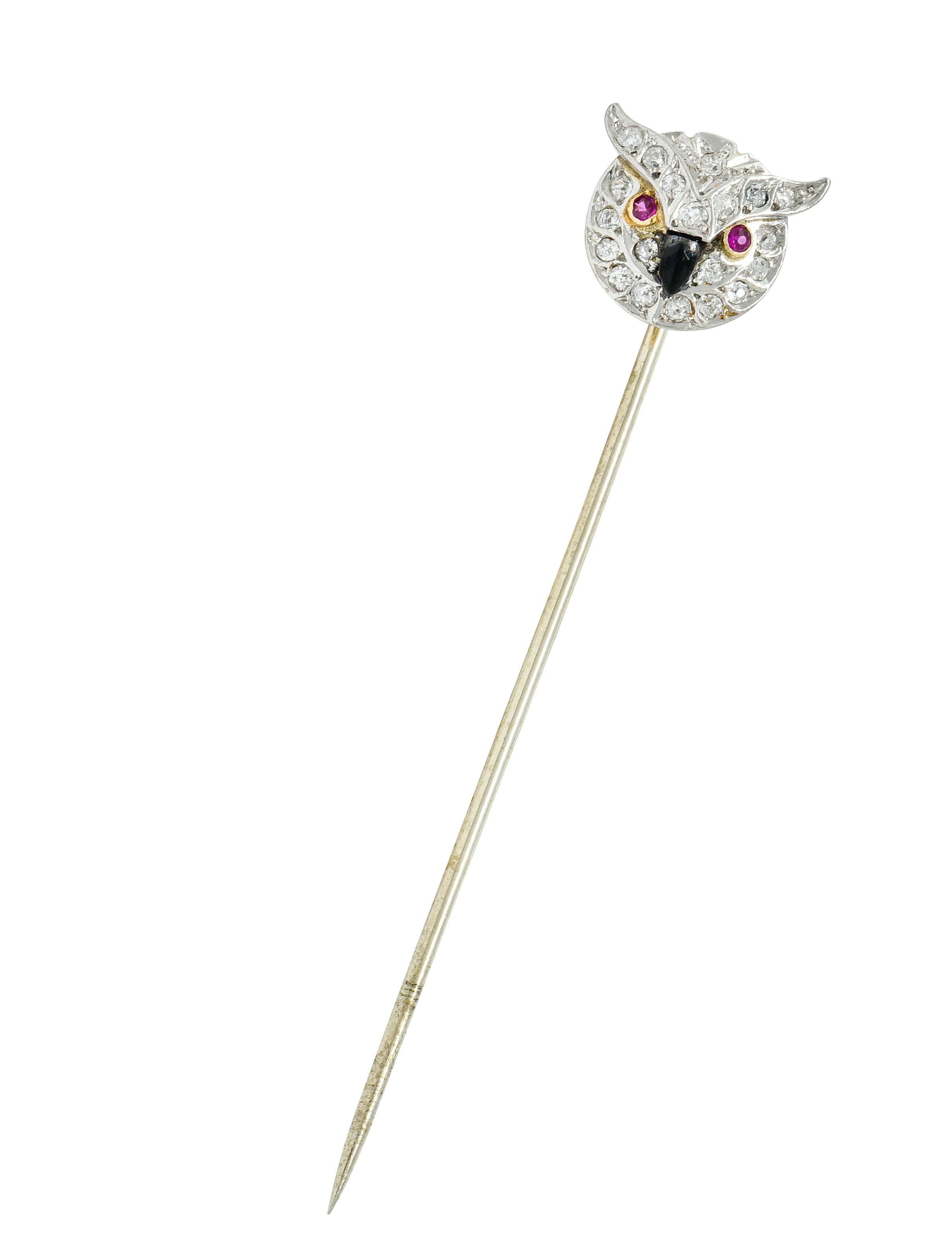 Edwardian Diamond Ruby Onyx Platinum-Topped 14 Karat Gold Owl Stickpin