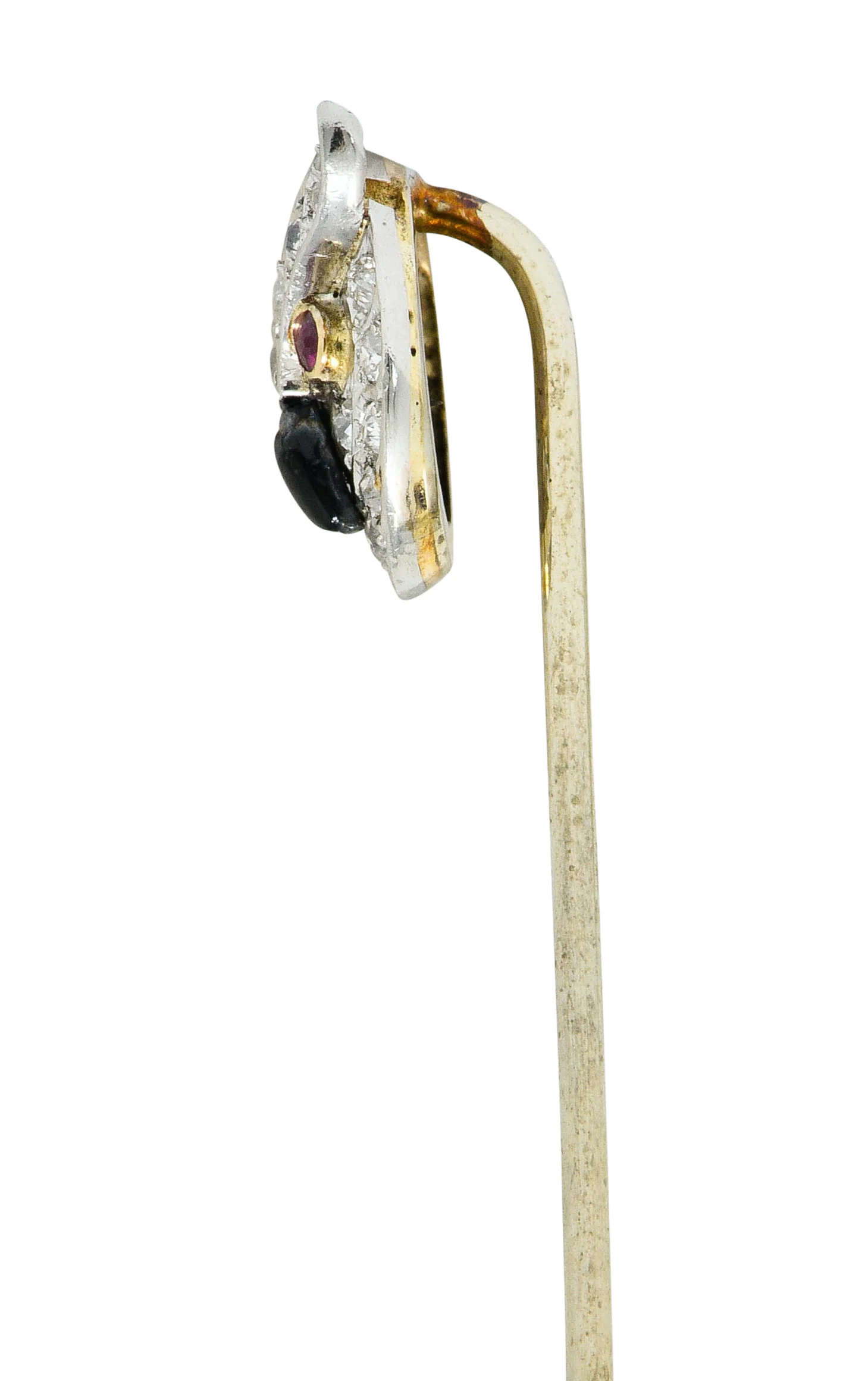 Edwardian Diamond Ruby Onyx Platinum-Topped 14 Karat Gold Owl Stickpin - Image 5