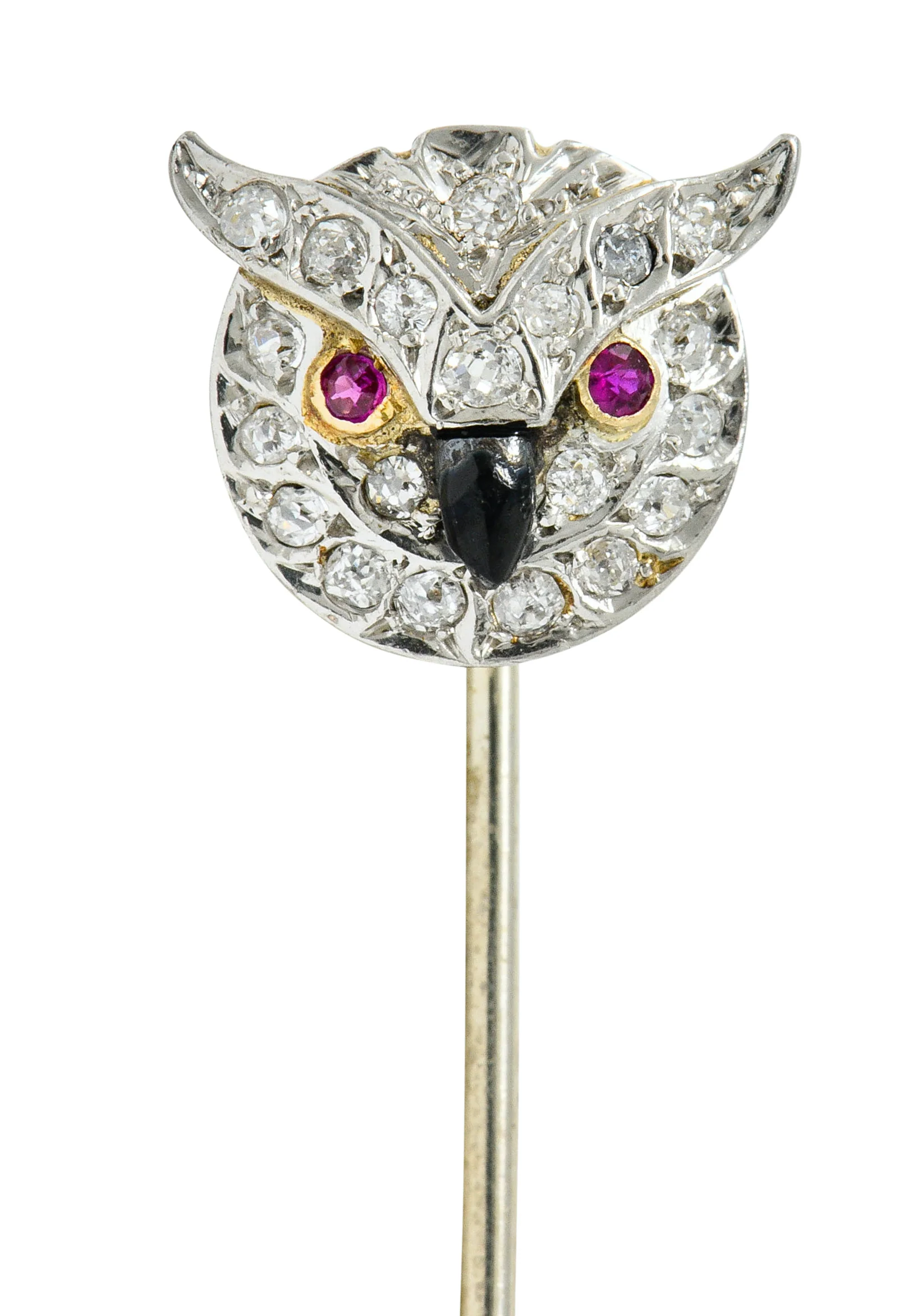 Edwardian Diamond Ruby Onyx Platinum-Topped 14 Karat Gold Owl Stickpin - Image 6