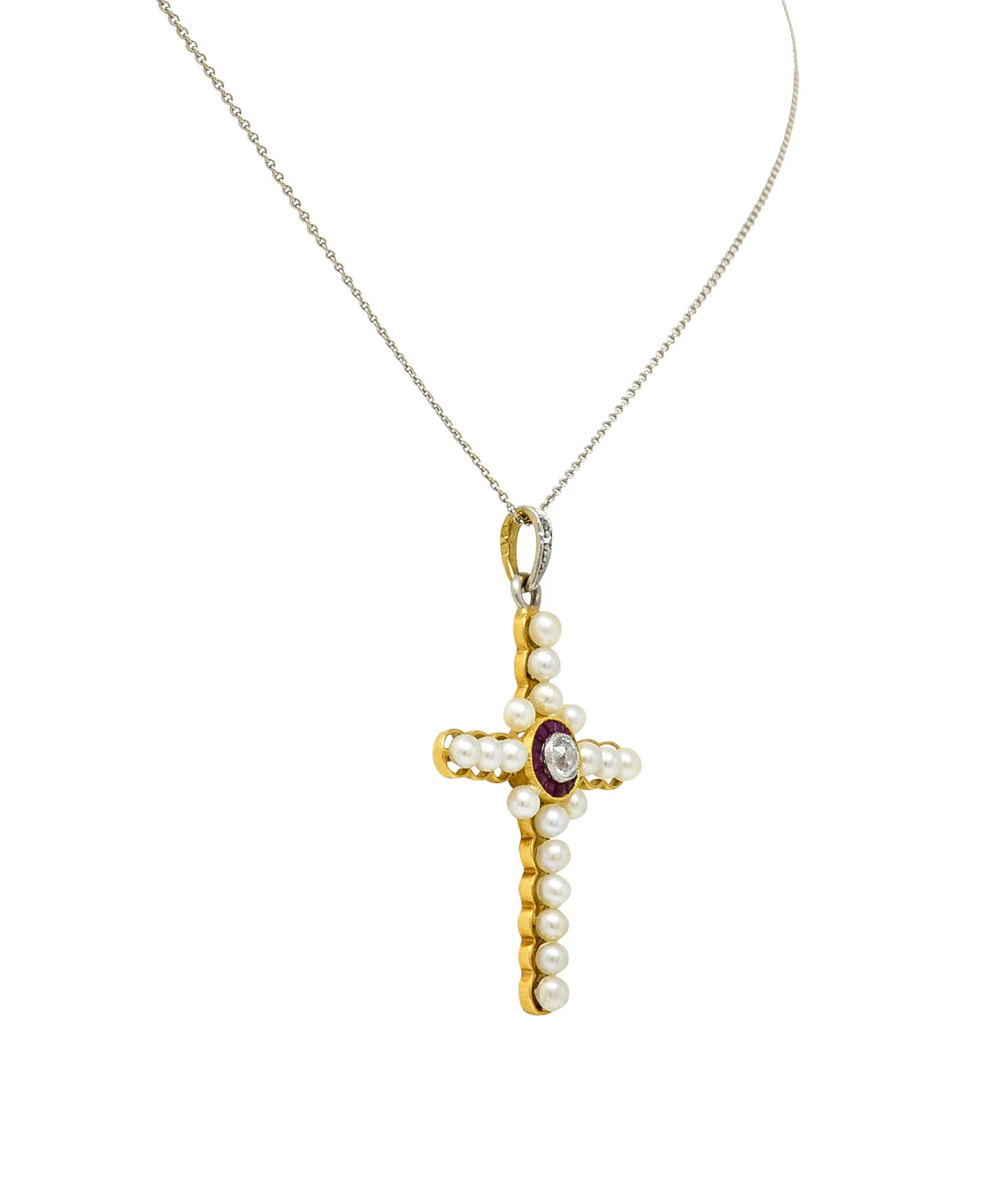 Edwardian Diamond Ruby Pearl Platinum-Topped 18 Karat Gold Cross Pendant Necklace - Image 3