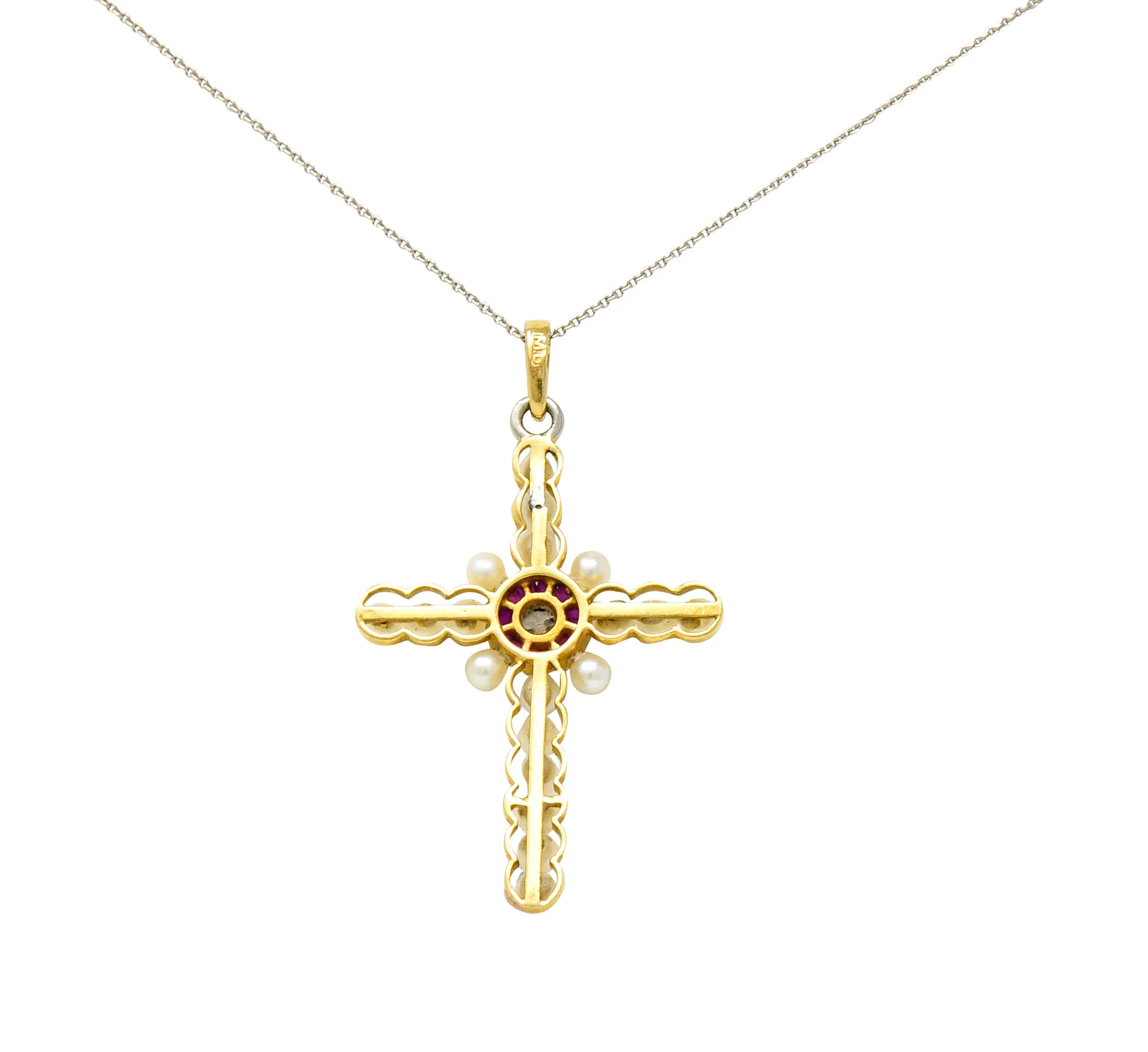 Edwardian Diamond Ruby Pearl Platinum-Topped 18 Karat Gold Cross Pendant Necklace - Image 4