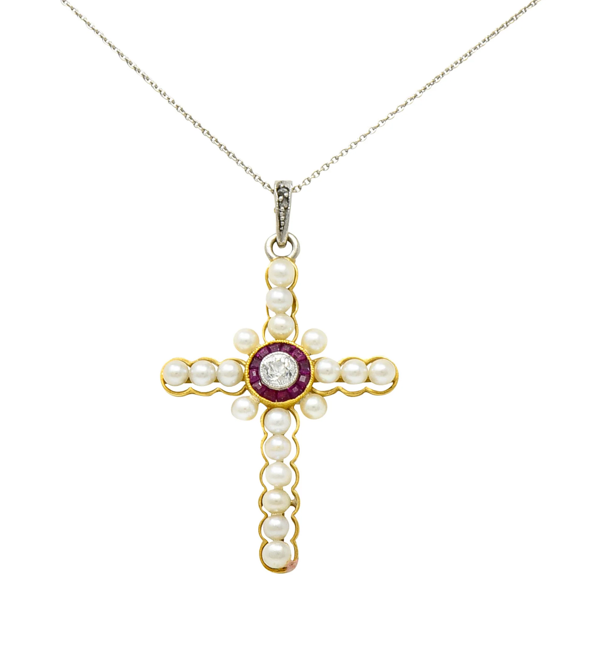 Edwardian Diamond Ruby Pearl Platinum-Topped 18 Karat Gold Cross Pendant Necklace - Image 9