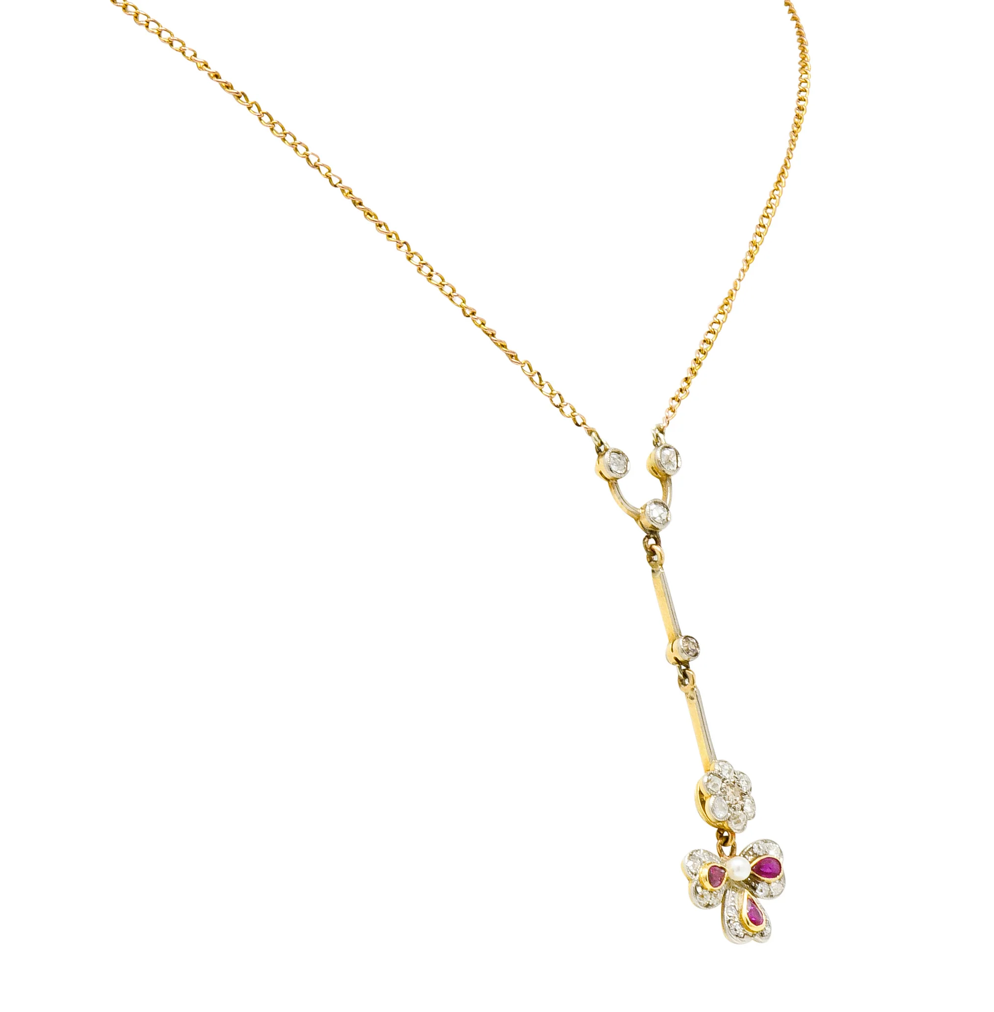 Edwardian Diamond Ruby Pearl Platinum-Topped 18 Karat Gold Floral Drop Necklace - Image 4