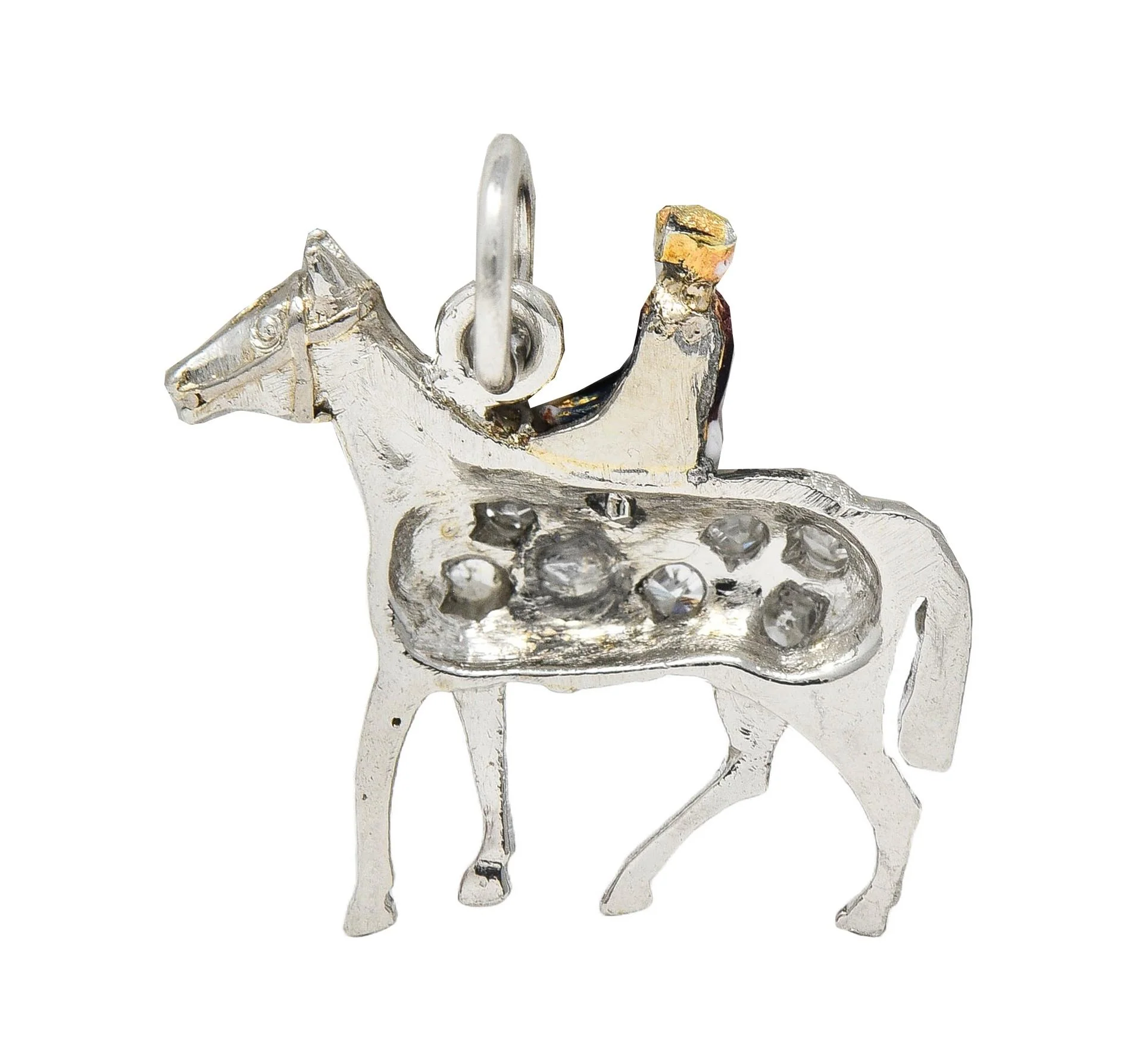 Edwardian Diamond Sapphire Enamel 18 Karat Gold Platinum Race Horse Antique Charm - Image 3