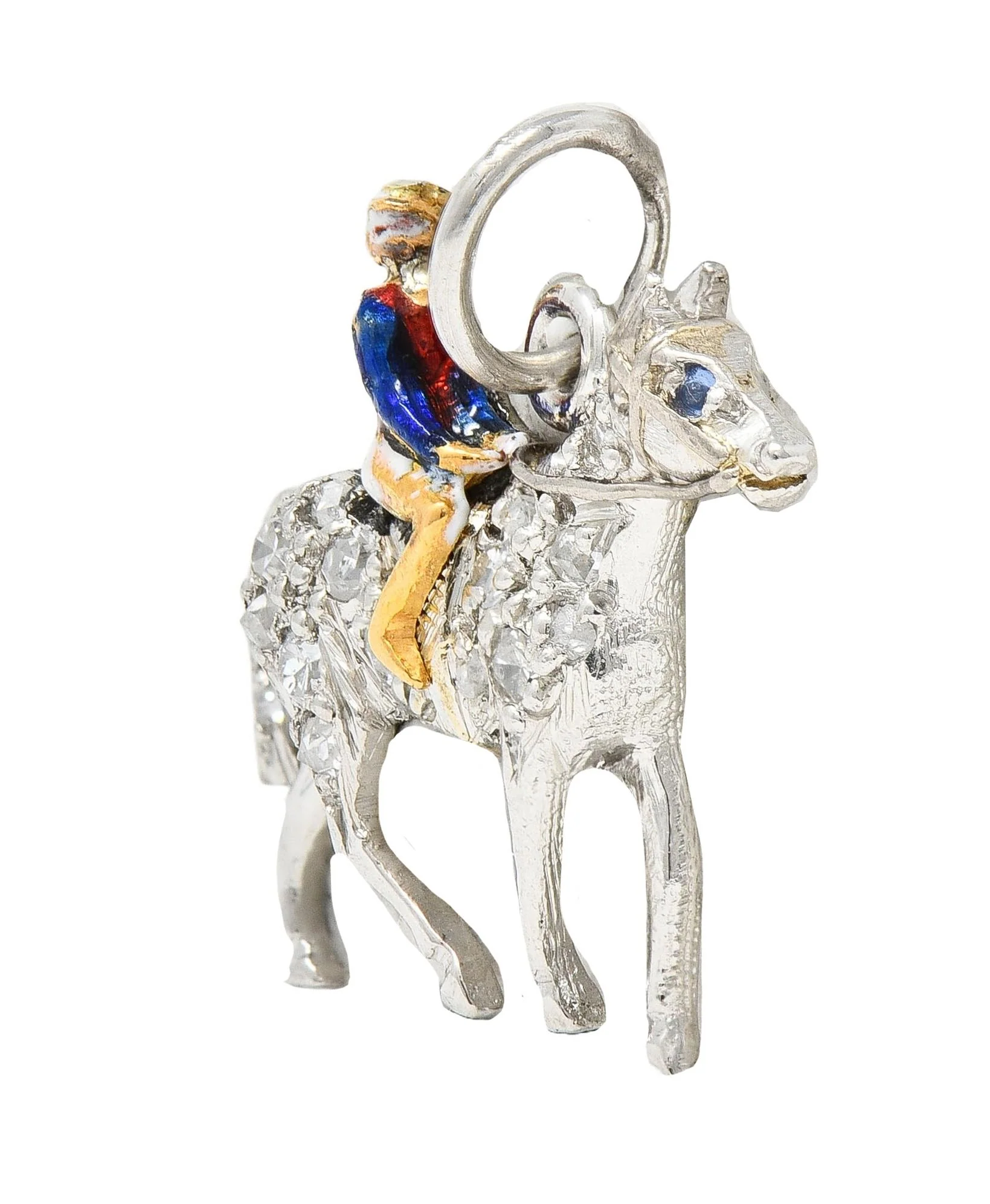 Edwardian Diamond Sapphire Enamel 18 Karat Gold Platinum Race Horse Antique Charm - Image 4