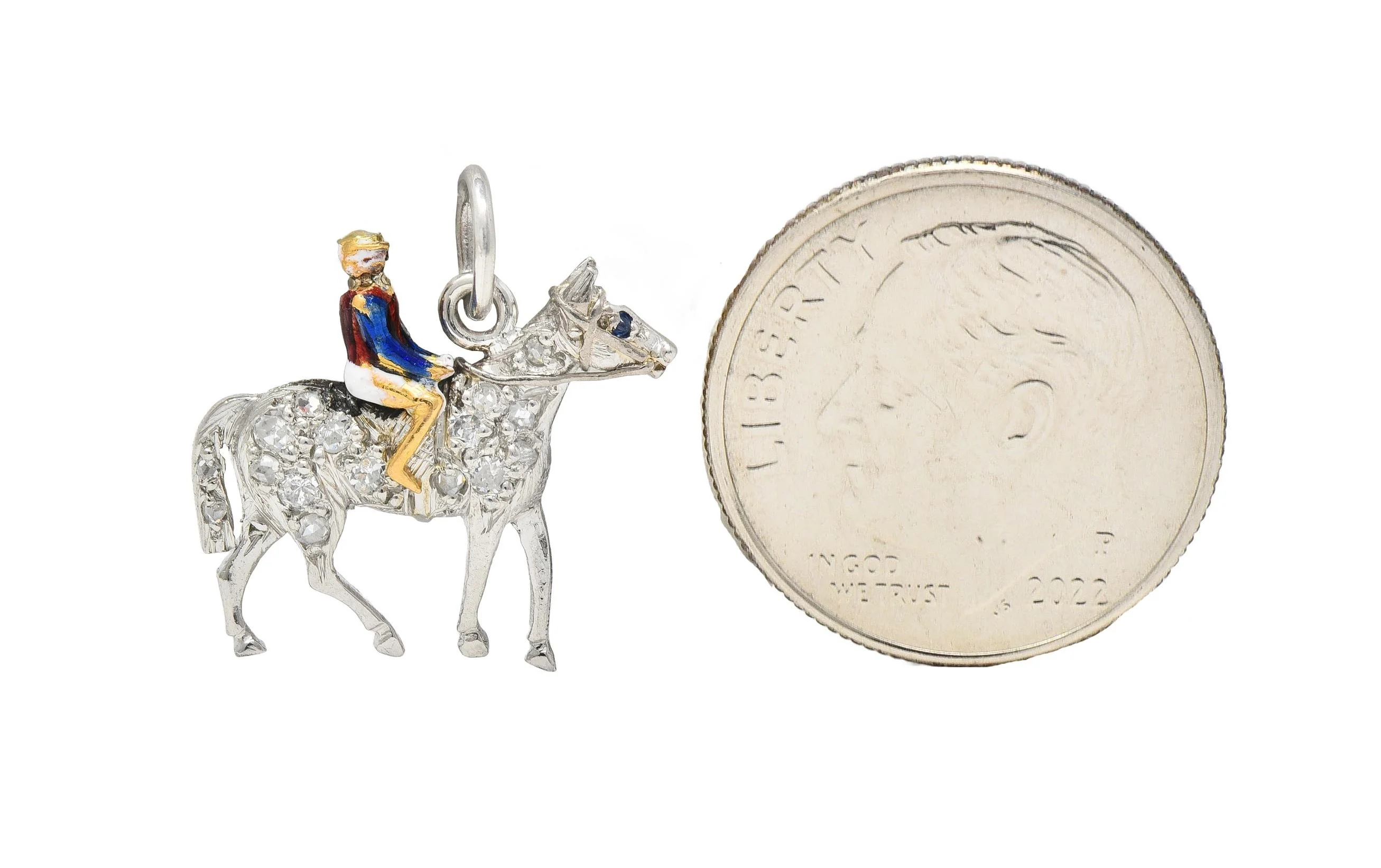 Edwardian Diamond Sapphire Enamel 18 Karat Gold Platinum Race Horse Antique Charm - Image 5