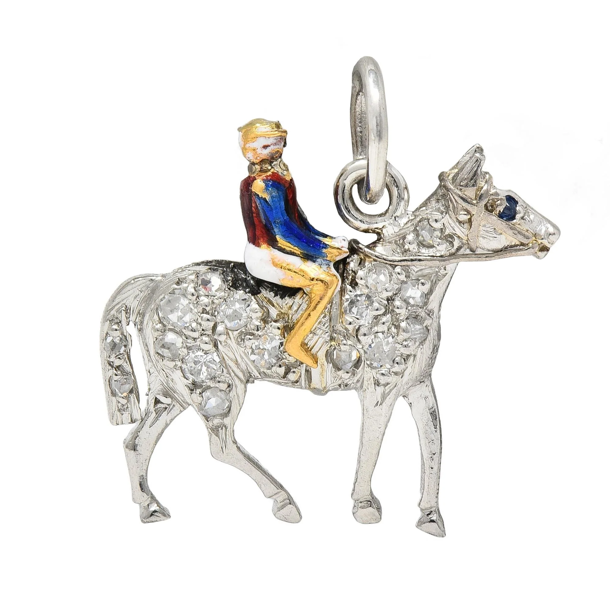 Edwardian Diamond Sapphire Enamel 18 Karat Gold Platinum Race Horse Antique Charm - Image 7