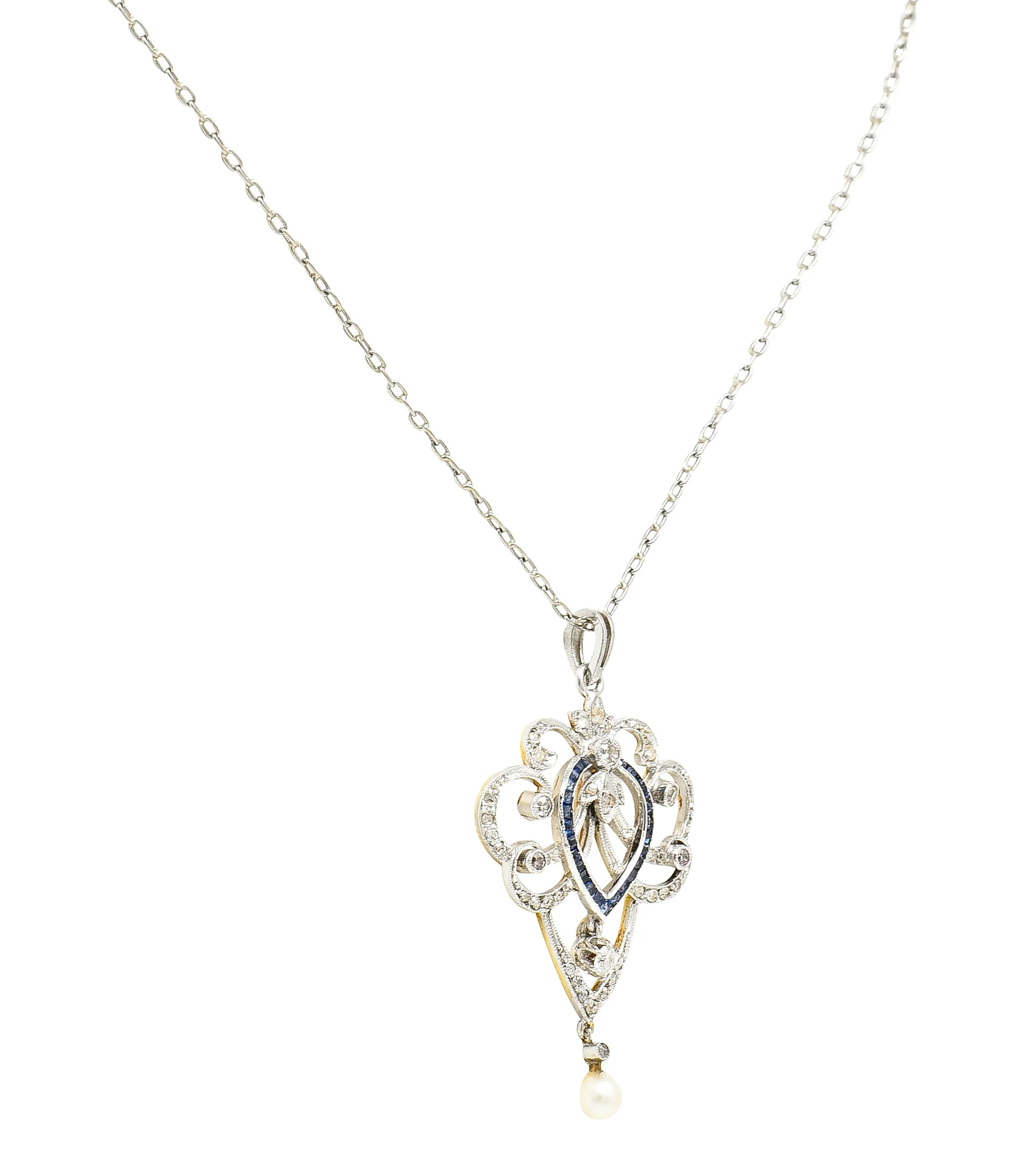 Edwardian Diamond Sapphire Pearl Platinum-Topped 14 Karat Yellow Gold Scrolling Ribbon Antique Pendant Necklace - Image 4