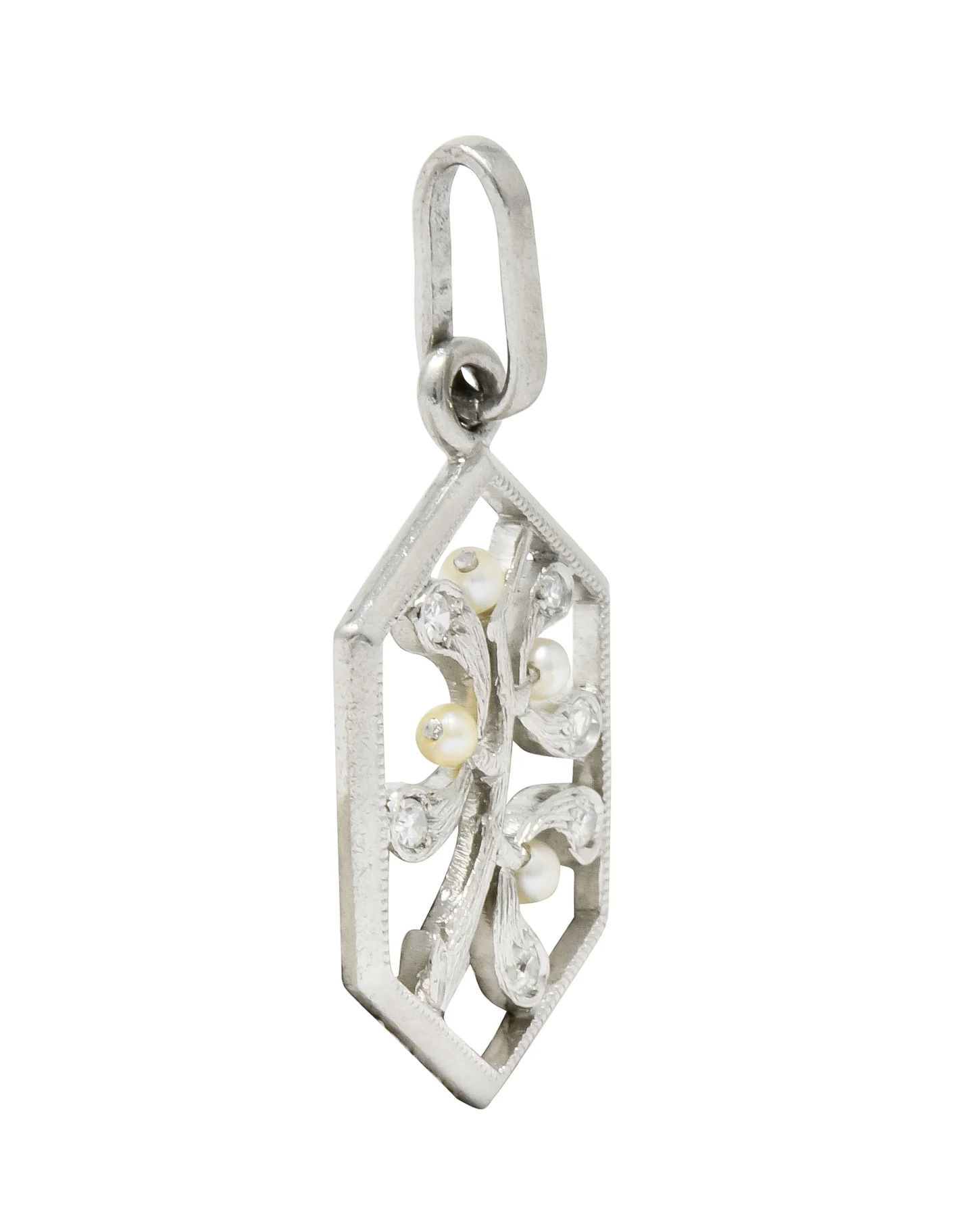 Edwardian Diamond Seed Pearl Platinum Hexagonal Maple Branch Charm - Image 2