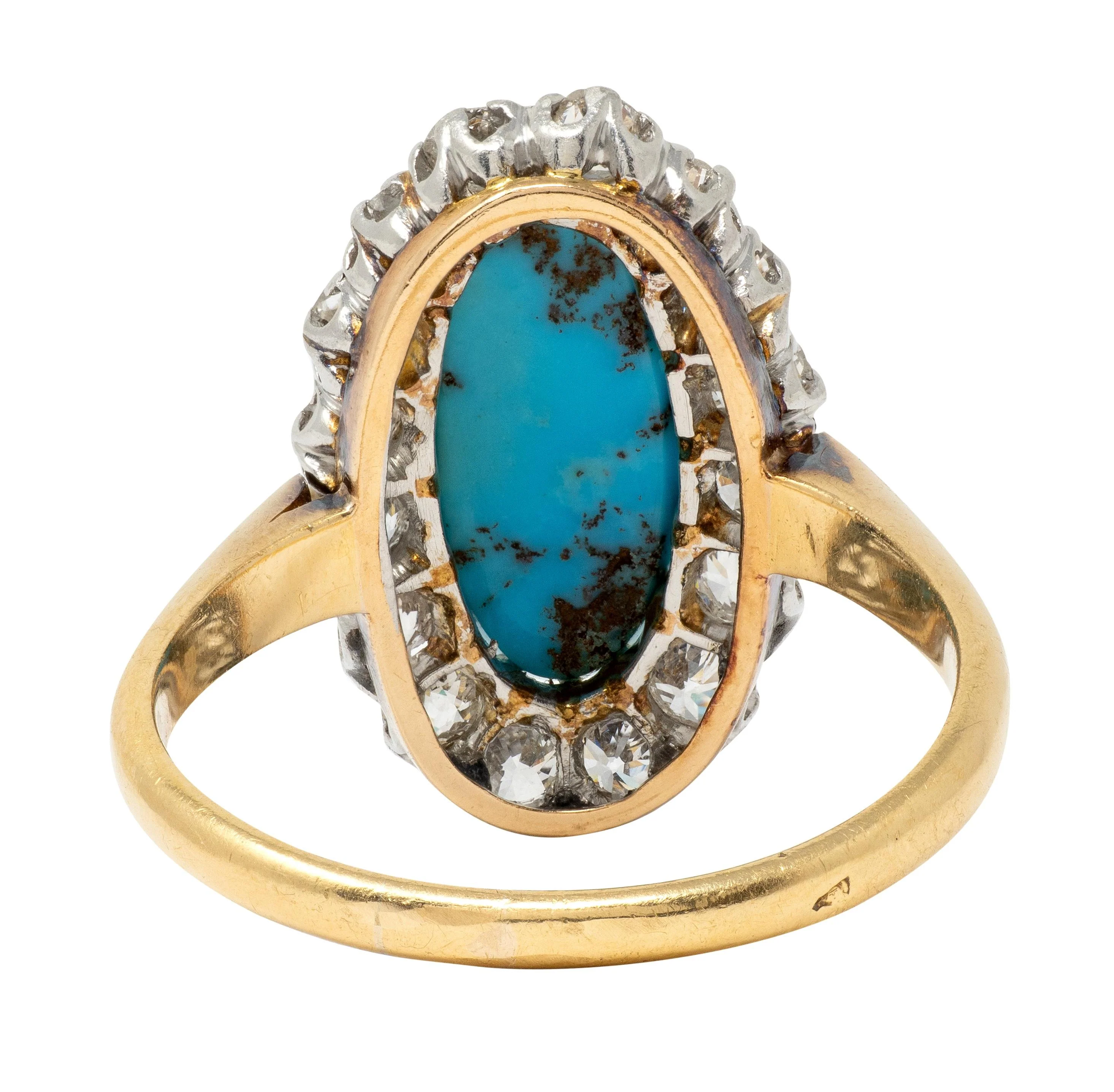 Edwardian Diamond Turquoise Platinum 14 Karat Yellow Gold Antique Halo Ring - Image 4