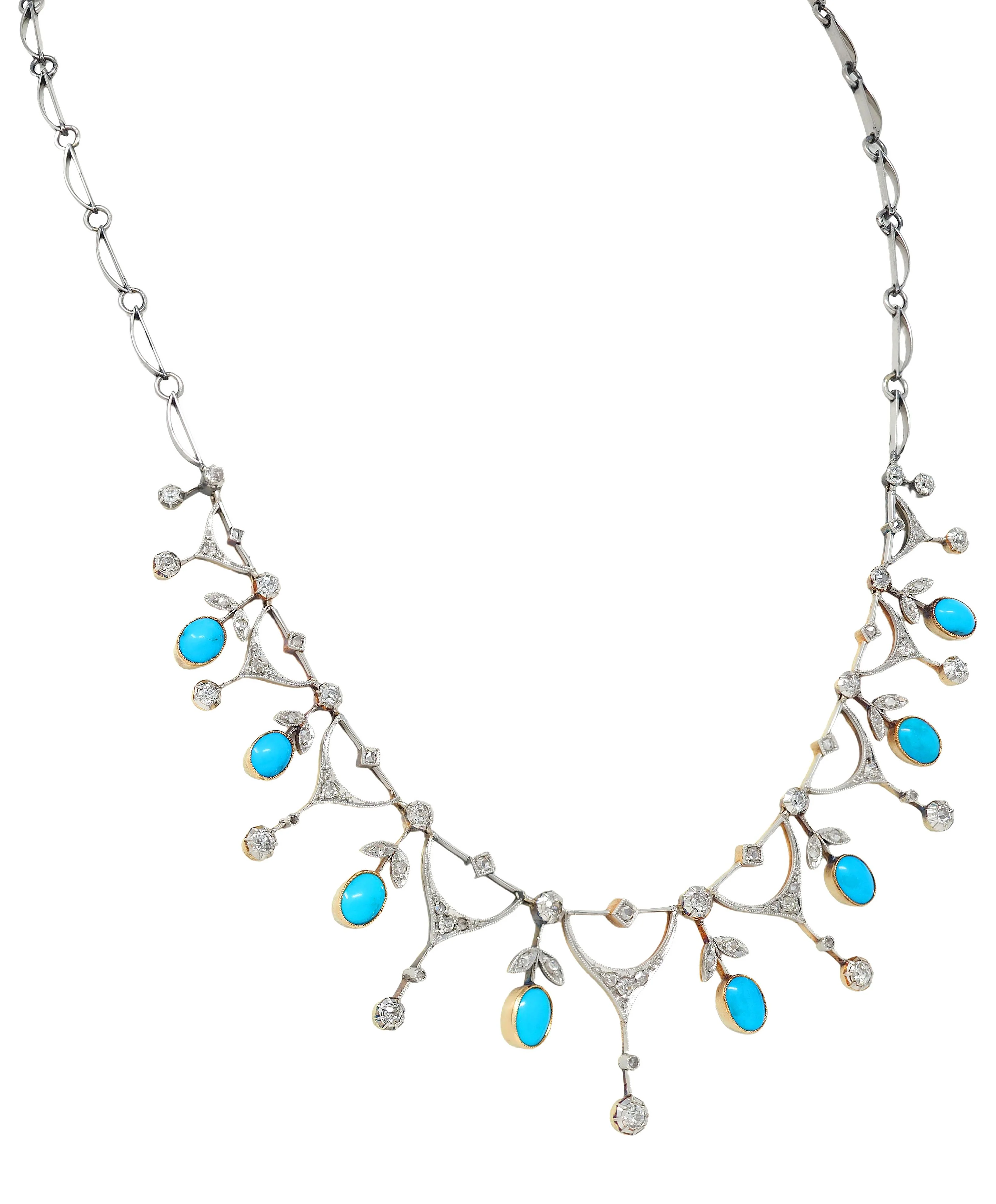 Edwardian Diamond Turquoise Platinum 18 Karat Yellow Gold Antique Foliate Fringe Necklace - Image 4