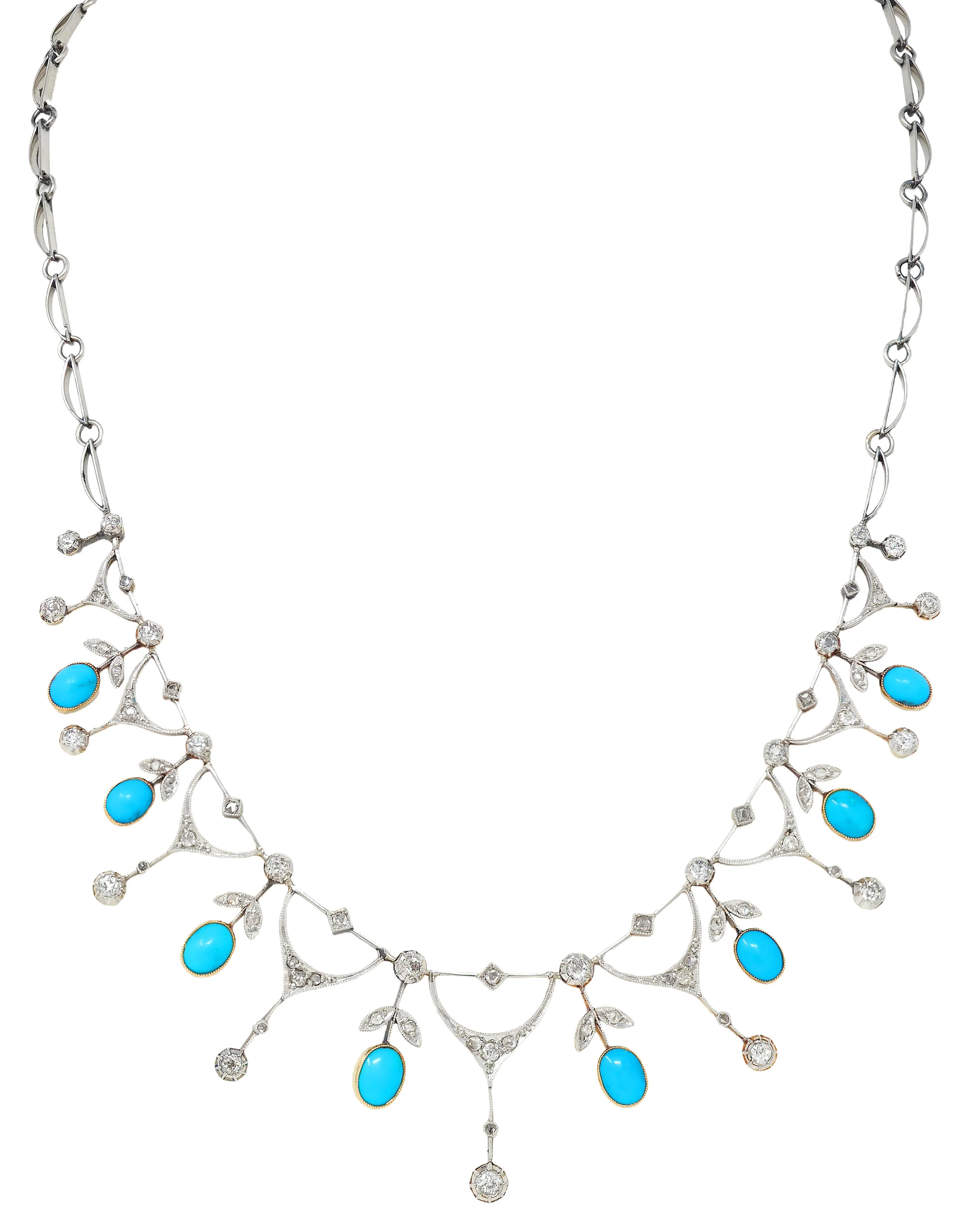 Edwardian Diamond Turquoise Platinum 18 Karat Yellow Gold Antique Foliate Fringe Necklace - Image 6