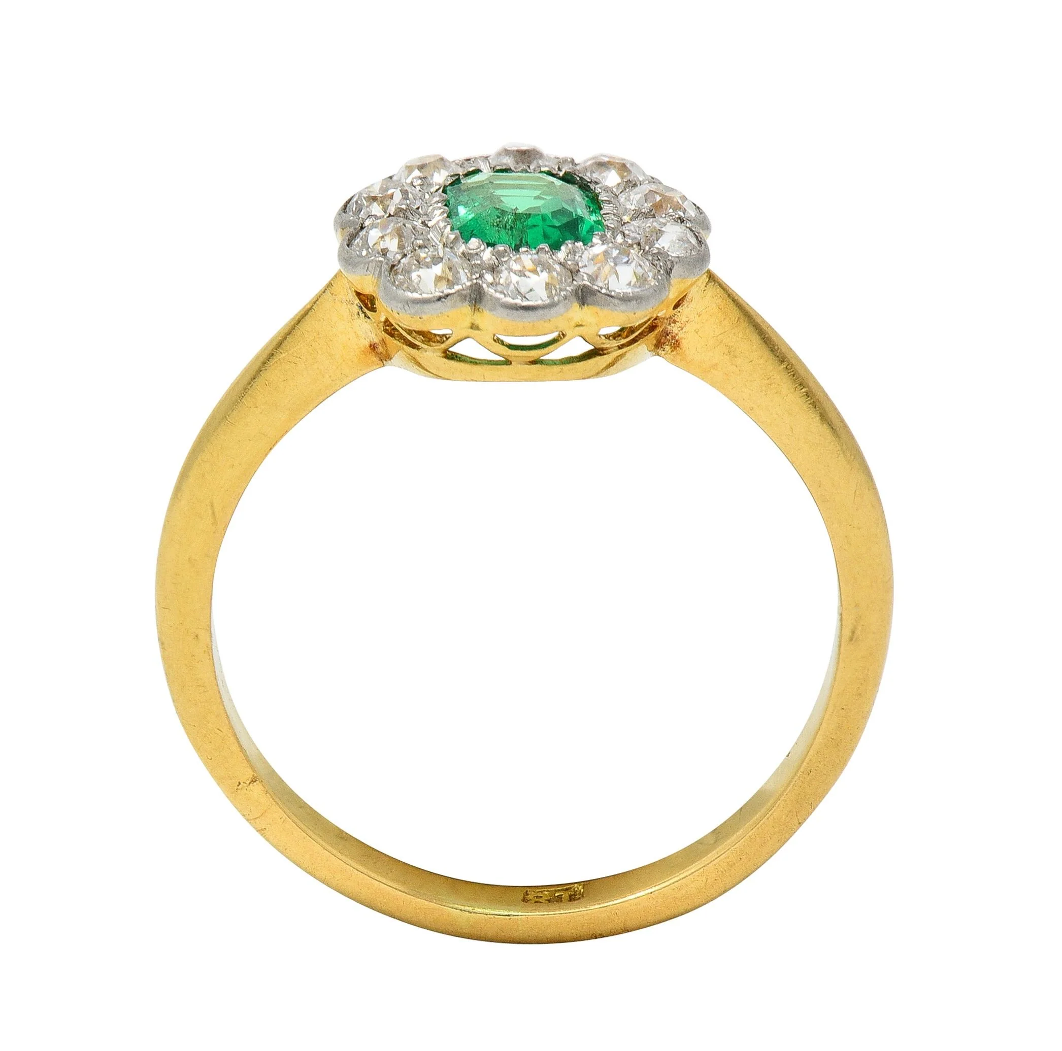 Edwardian Emerald Diamond Platinum 18 Karat Yellow Gold Antique Halo Ring - Image 10