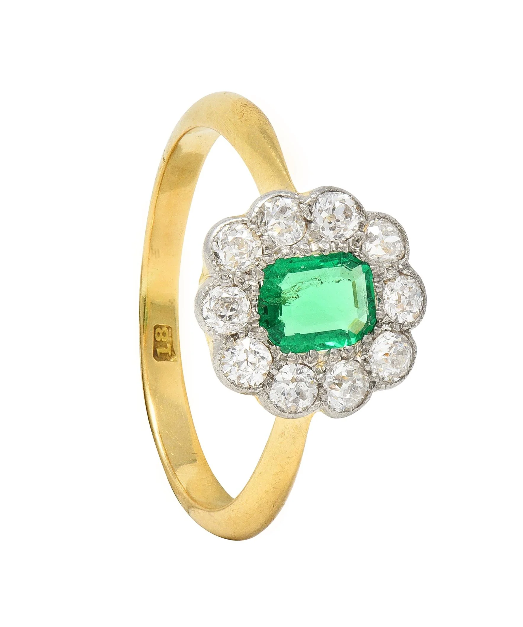 Edwardian Emerald Diamond Platinum 18 Karat Yellow Gold Antique Halo Ring - Image 11