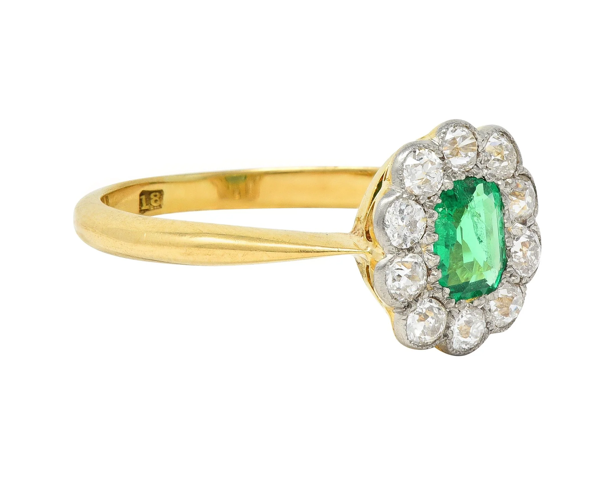 Edwardian Emerald Diamond Platinum 18 Karat Yellow Gold Antique Halo Ring - Image 2