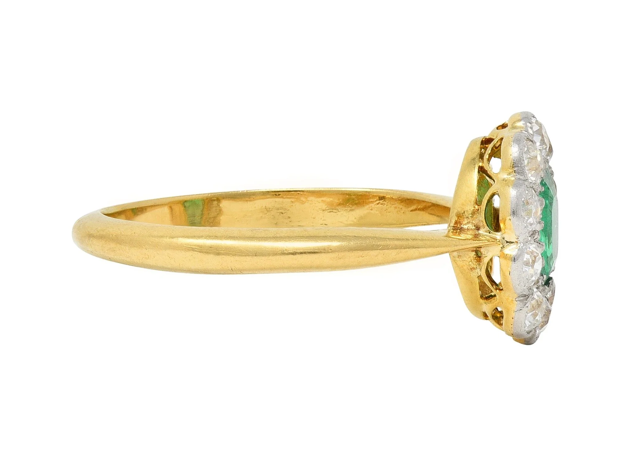 Edwardian Emerald Diamond Platinum 18 Karat Yellow Gold Antique Halo Ring - Image 3