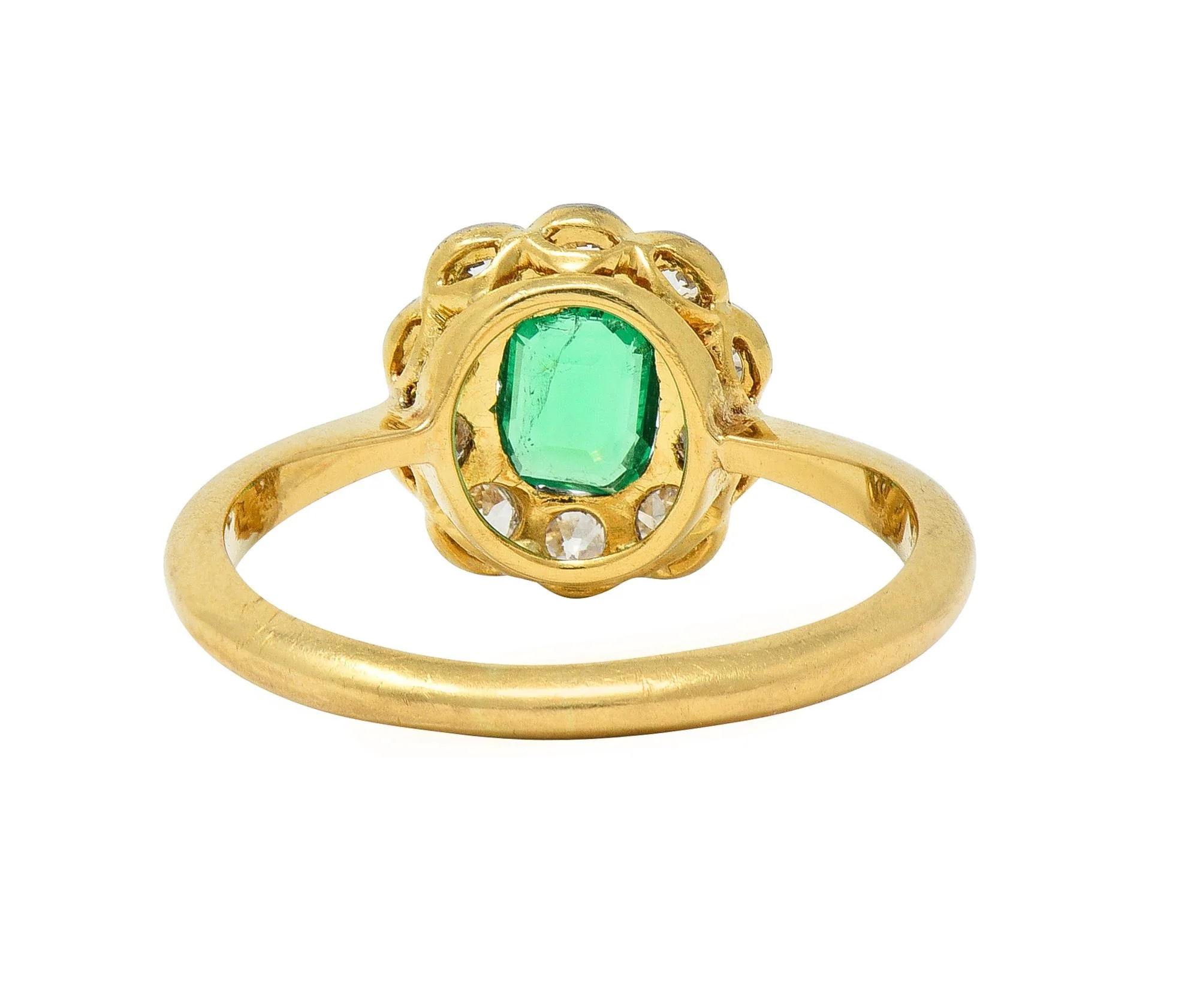 Edwardian Emerald Diamond Platinum 18 Karat Yellow Gold Antique Halo Ring - Image 4