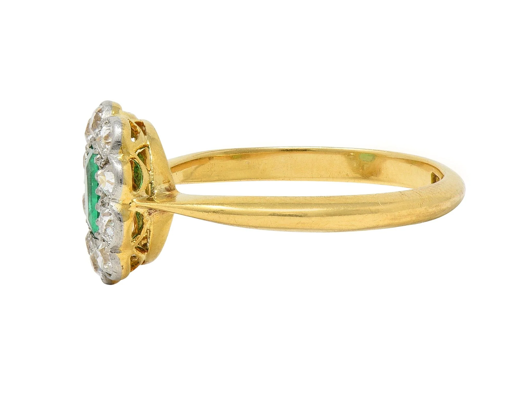 Edwardian Emerald Diamond Platinum 18 Karat Yellow Gold Antique Halo Ring - Image 5