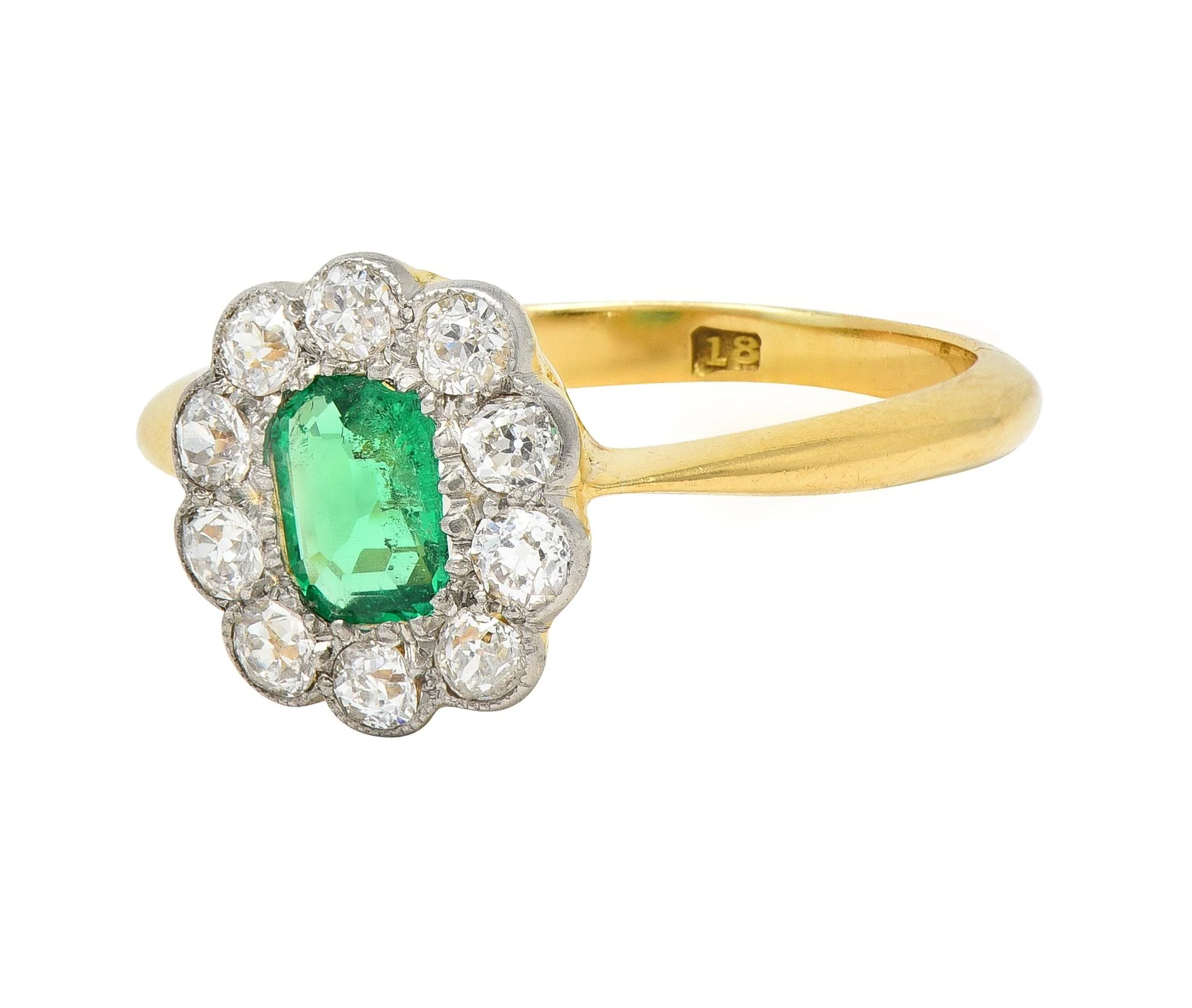 Edwardian Emerald Diamond Platinum 18 Karat Yellow Gold Antique Halo Ring - Image 6