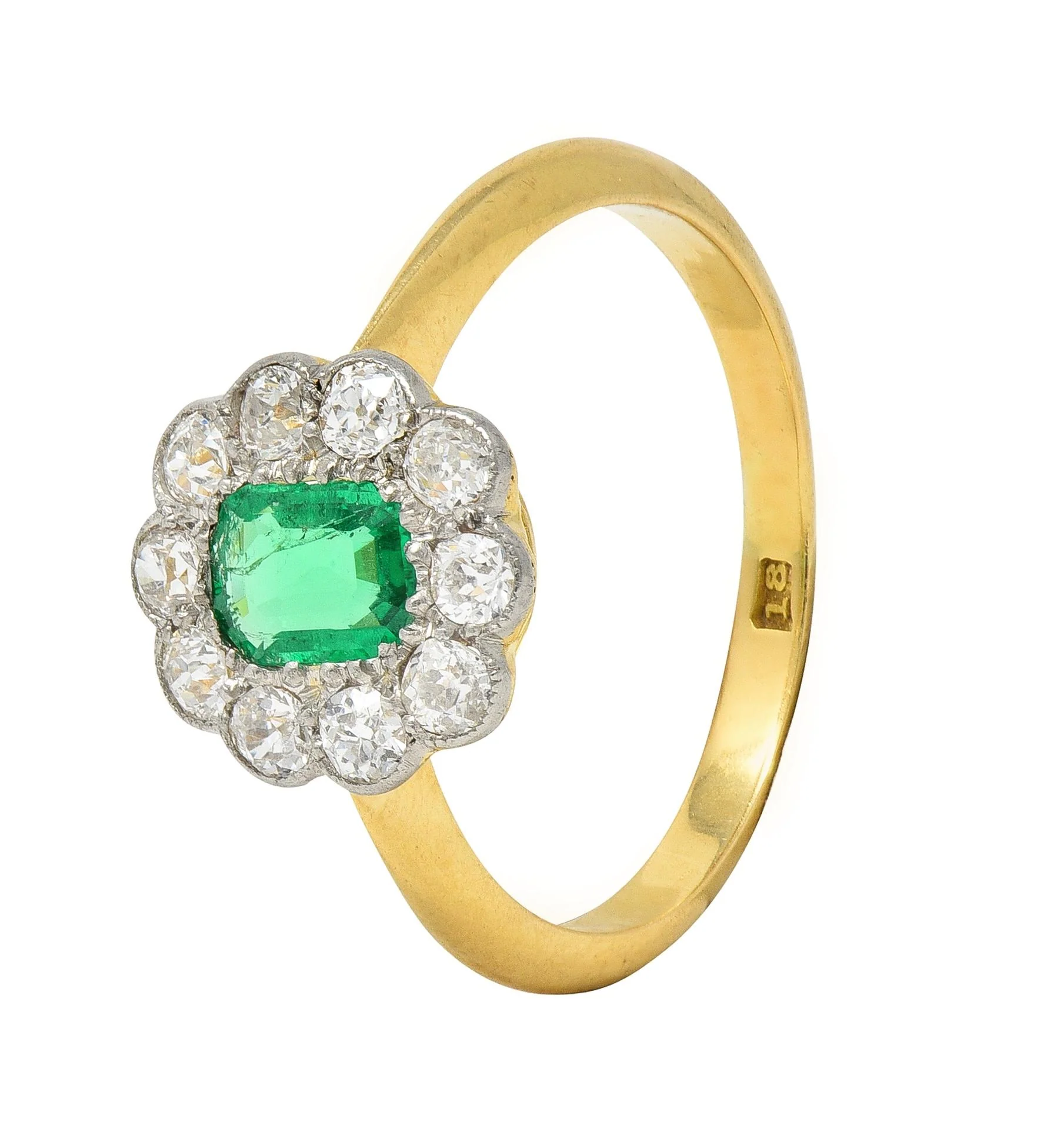 Edwardian Emerald Diamond Platinum 18 Karat Yellow Gold Antique Halo Ring - Image 7