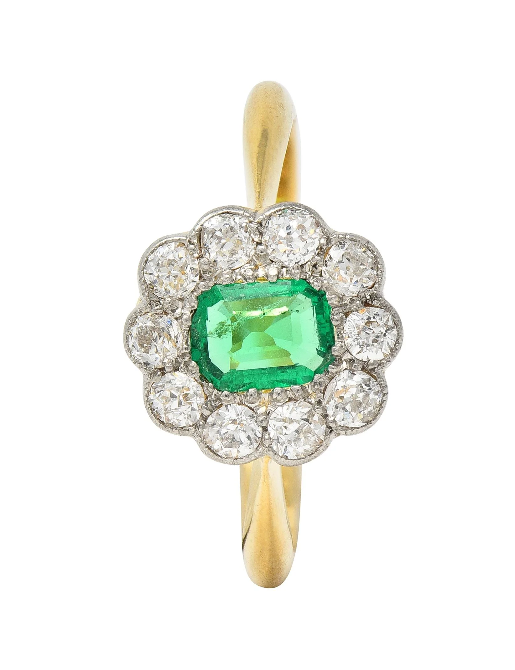Edwardian Emerald Diamond Platinum 18 Karat Yellow Gold Antique Halo Ring - Image 8