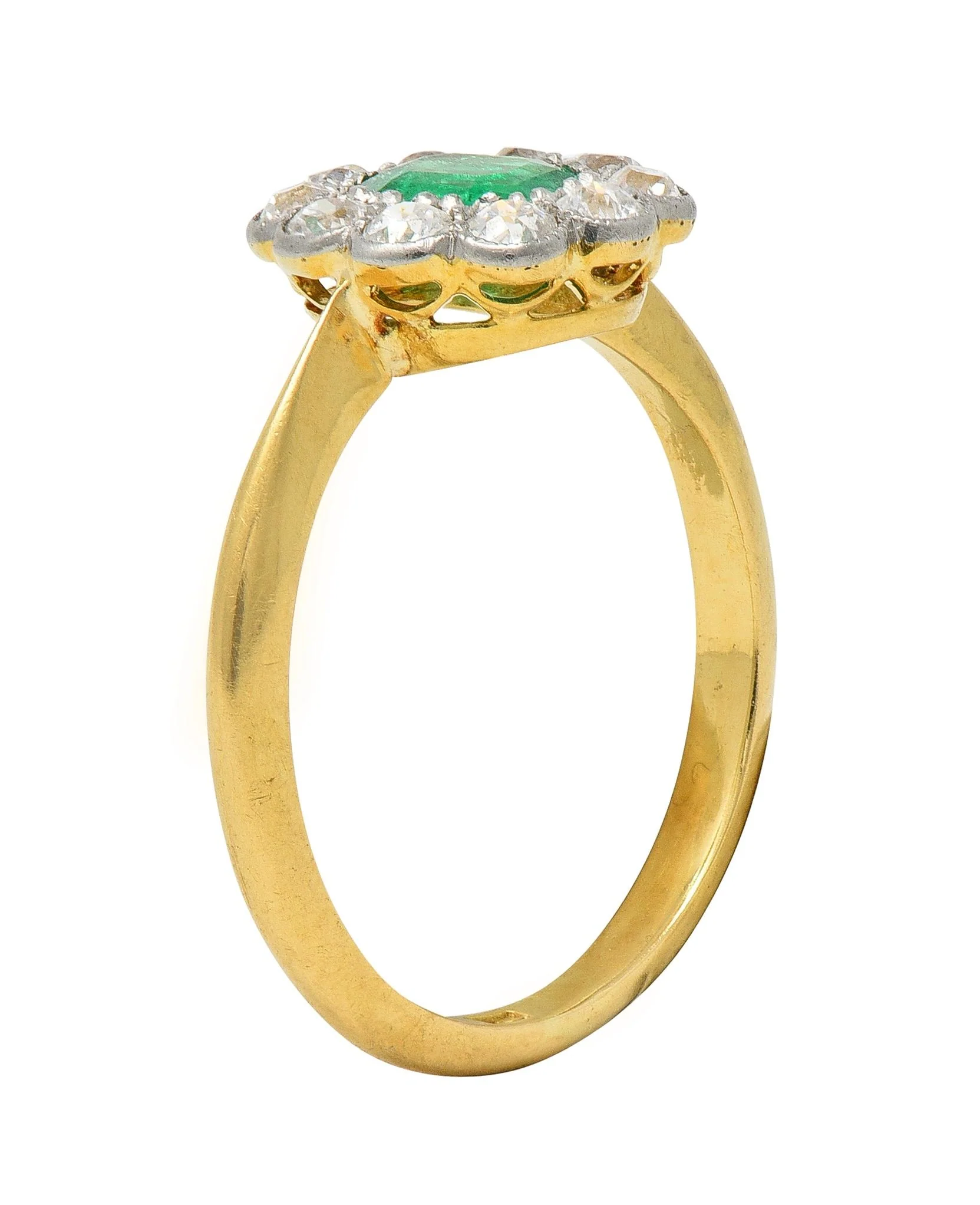 Edwardian Emerald Diamond Platinum 18 Karat Yellow Gold Antique Halo Ring - Image 9