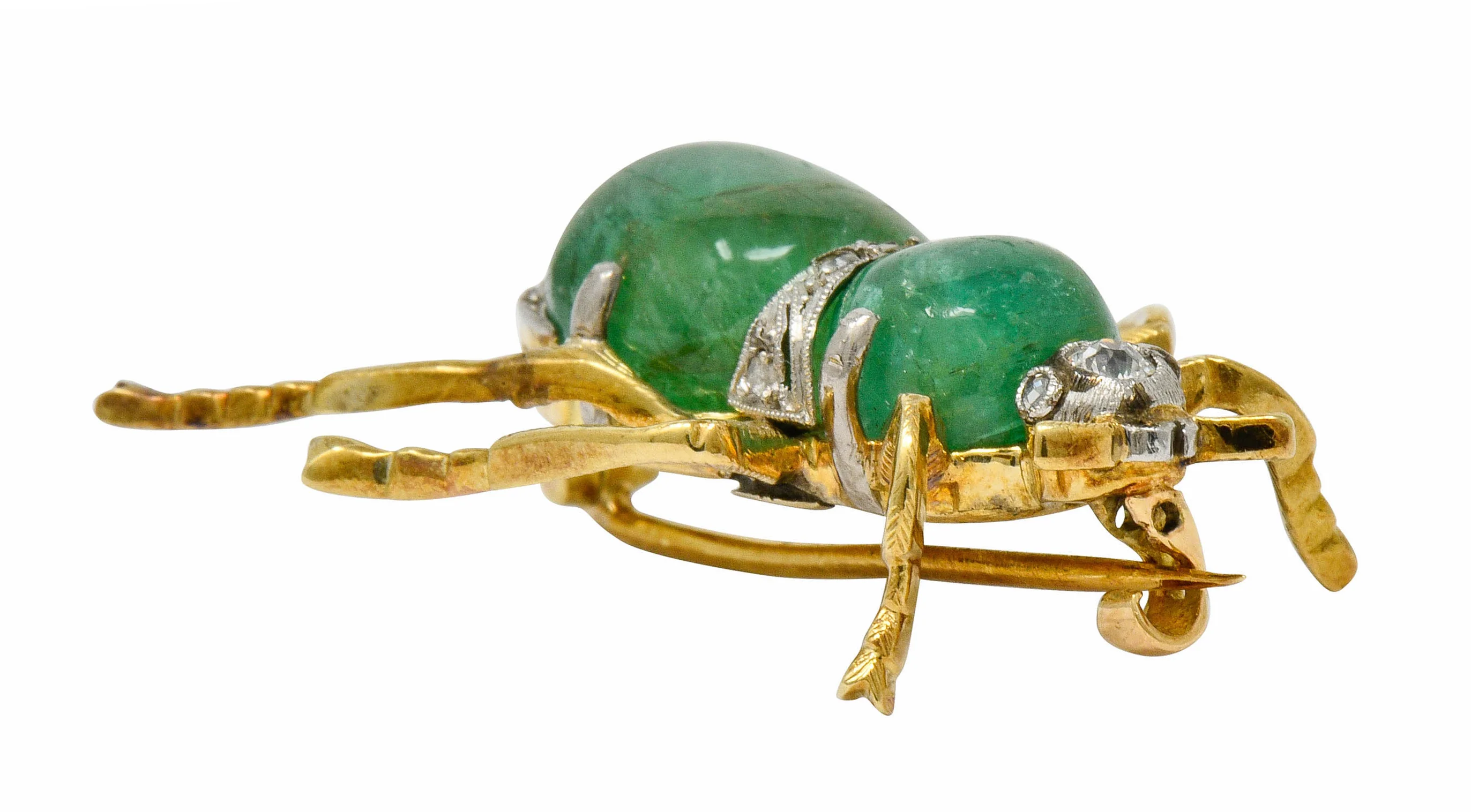 Edwardian Emerald Diamond Platinum-Topped 14 Karat Gold Insect Brooch - Image 11