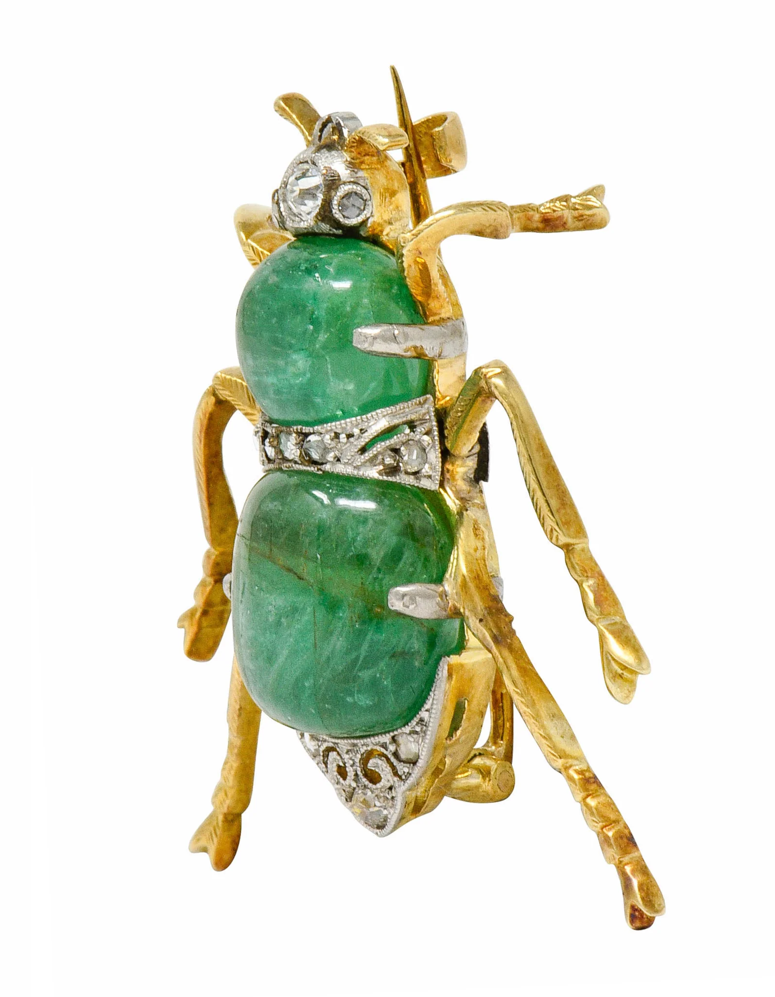 Edwardian Emerald Diamond Platinum-Topped 14 Karat Gold Insect Brooch - Image 2