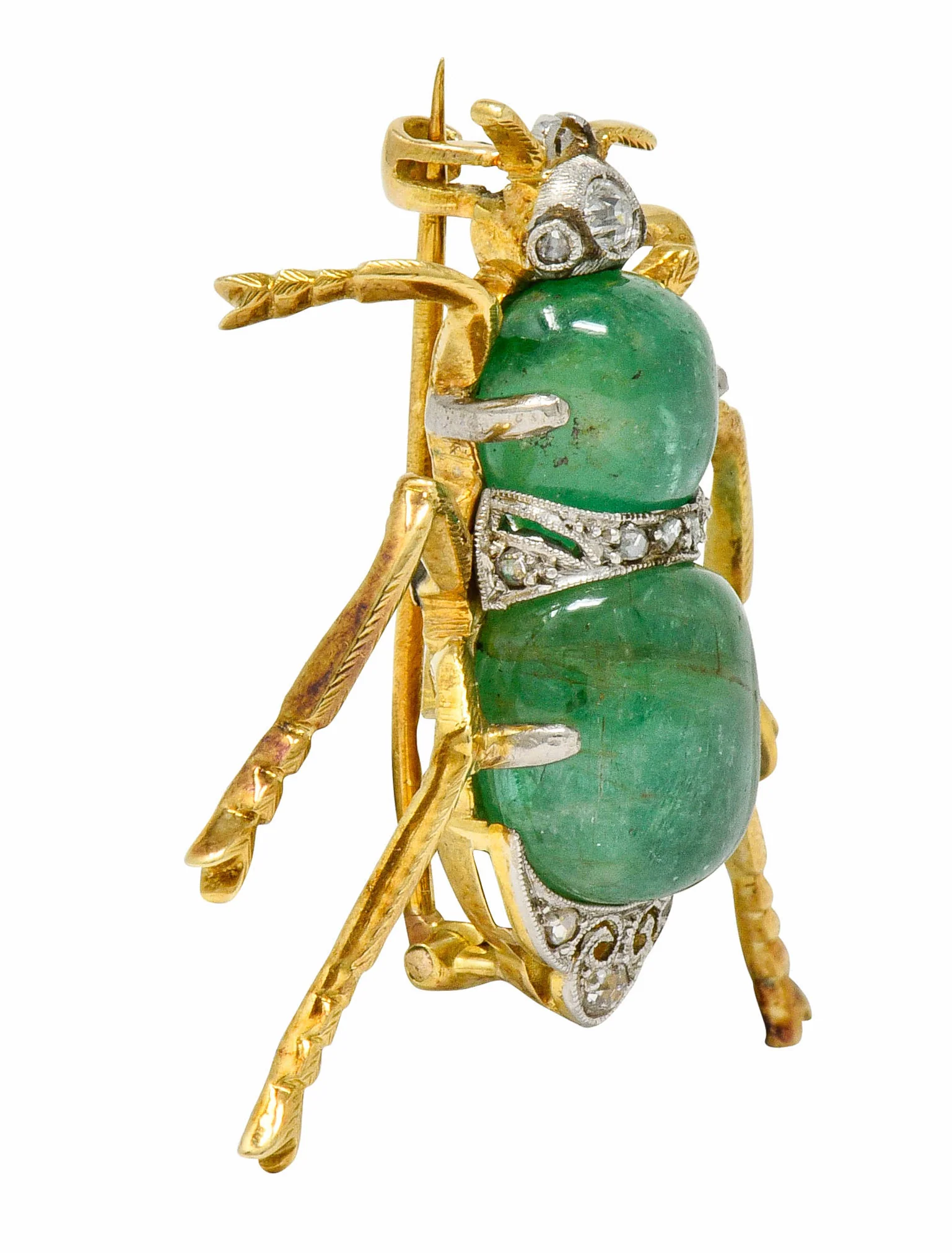 Edwardian Emerald Diamond Platinum-Topped 14 Karat Gold Insect Brooch - Image 3