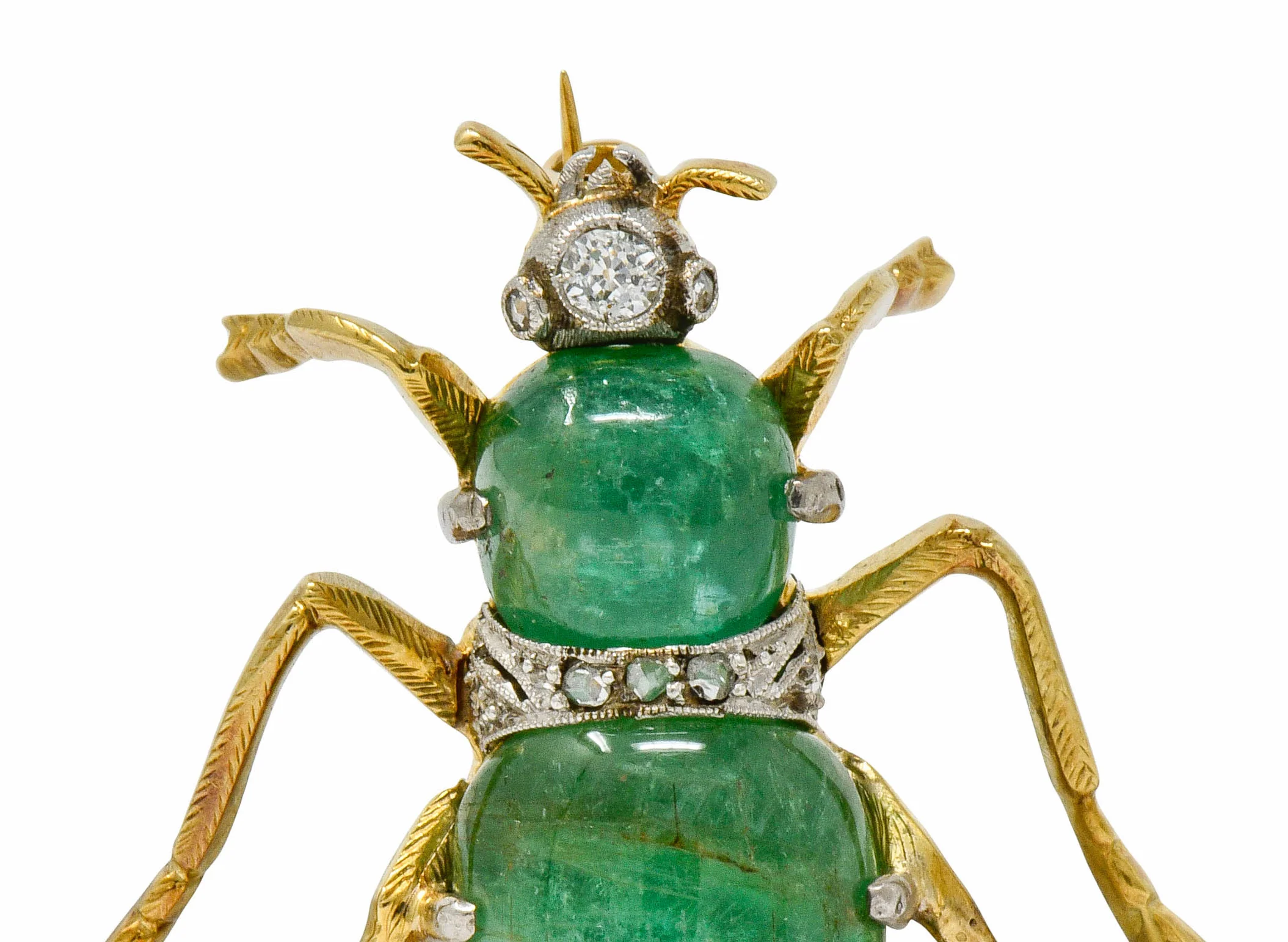 Edwardian Emerald Diamond Platinum-Topped 14 Karat Gold Insect Brooch - Image 5