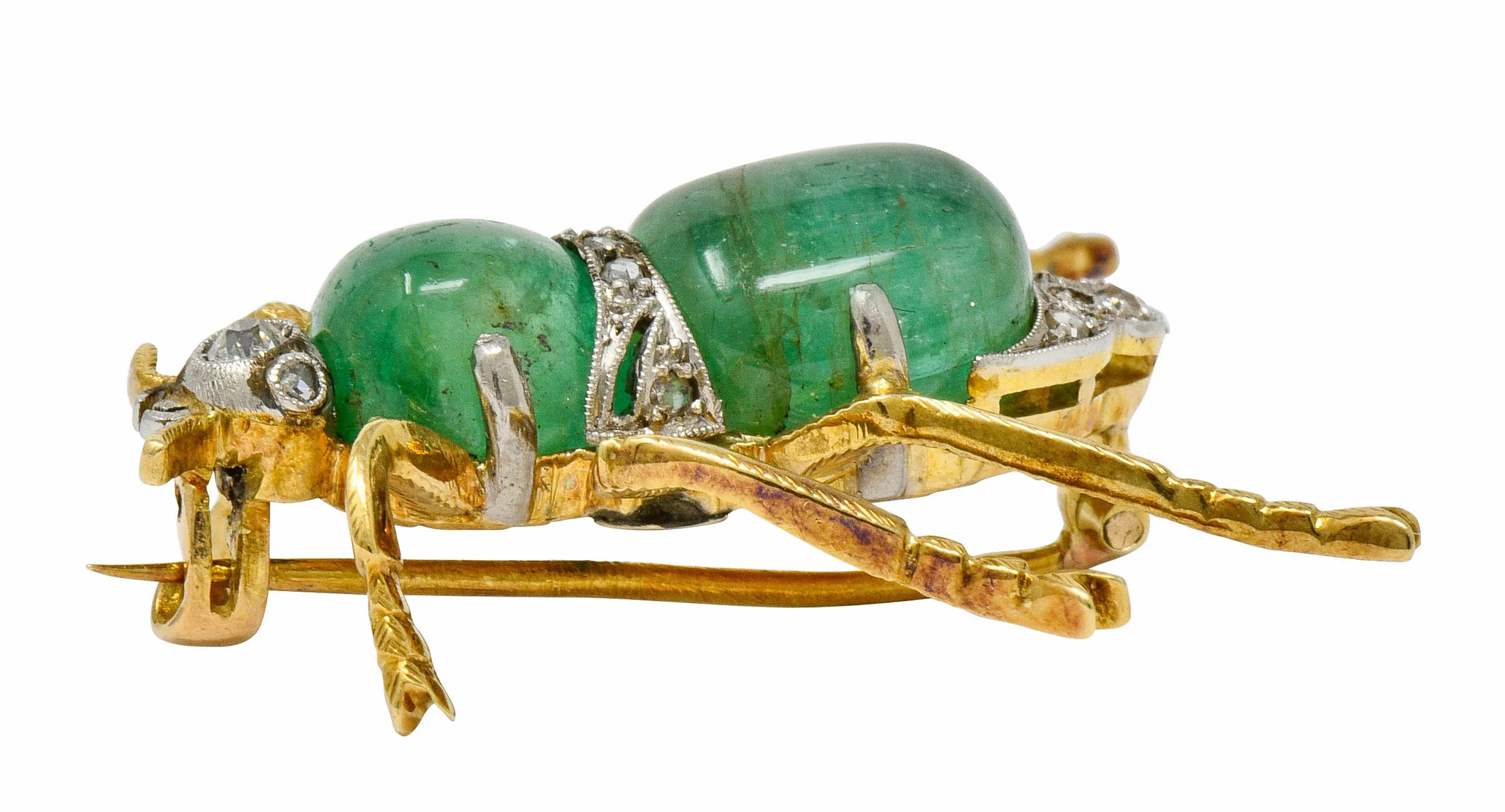 Edwardian Emerald Diamond Platinum-Topped 14 Karat Gold Insect Brooch - Image 7