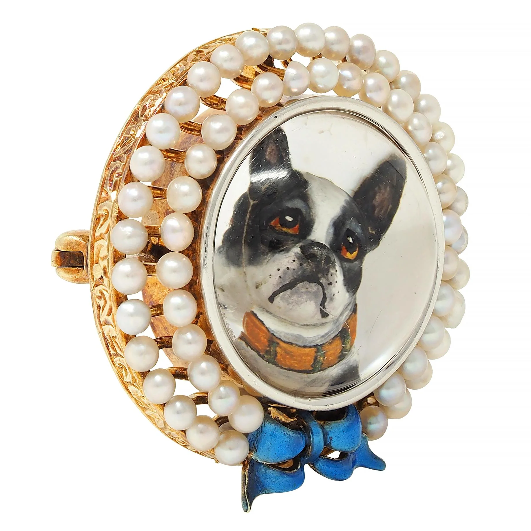 Edwardian Essex Crystal Pearl Enamel Platinum 14 Karat Gold Antique French Bulldog Bow Dog Brooch - Image 2