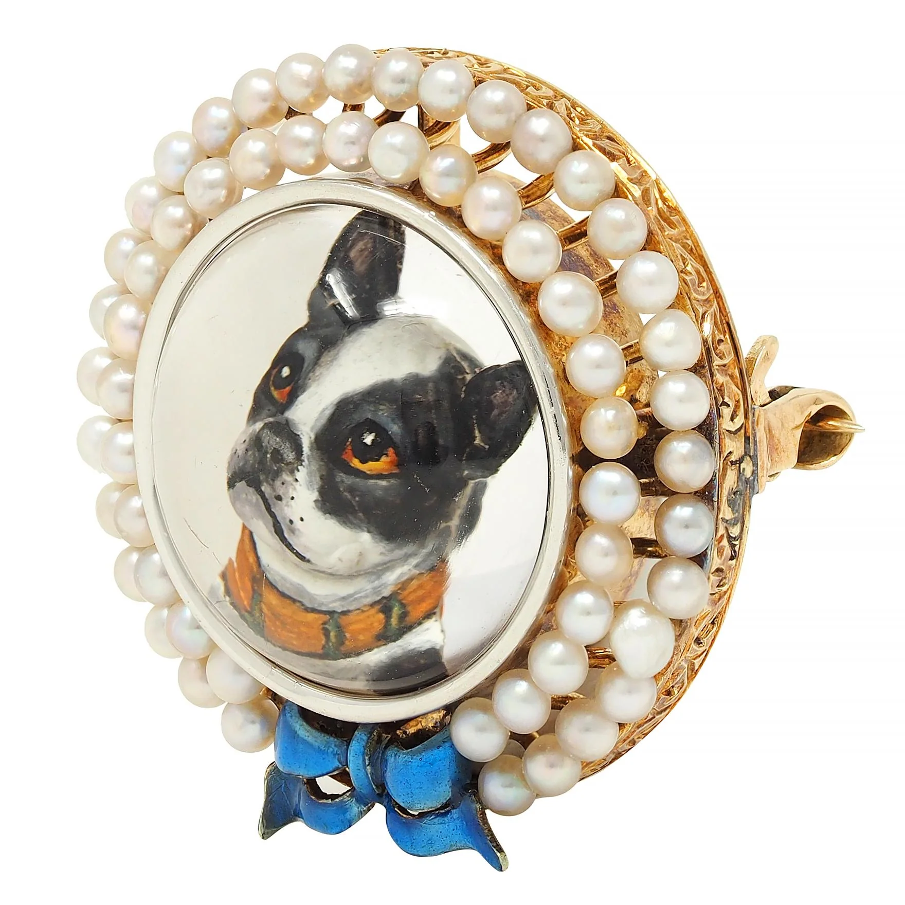 Edwardian Essex Crystal Pearl Enamel Platinum 14 Karat Gold Antique French Bulldog Bow Dog Brooch - Image 4
